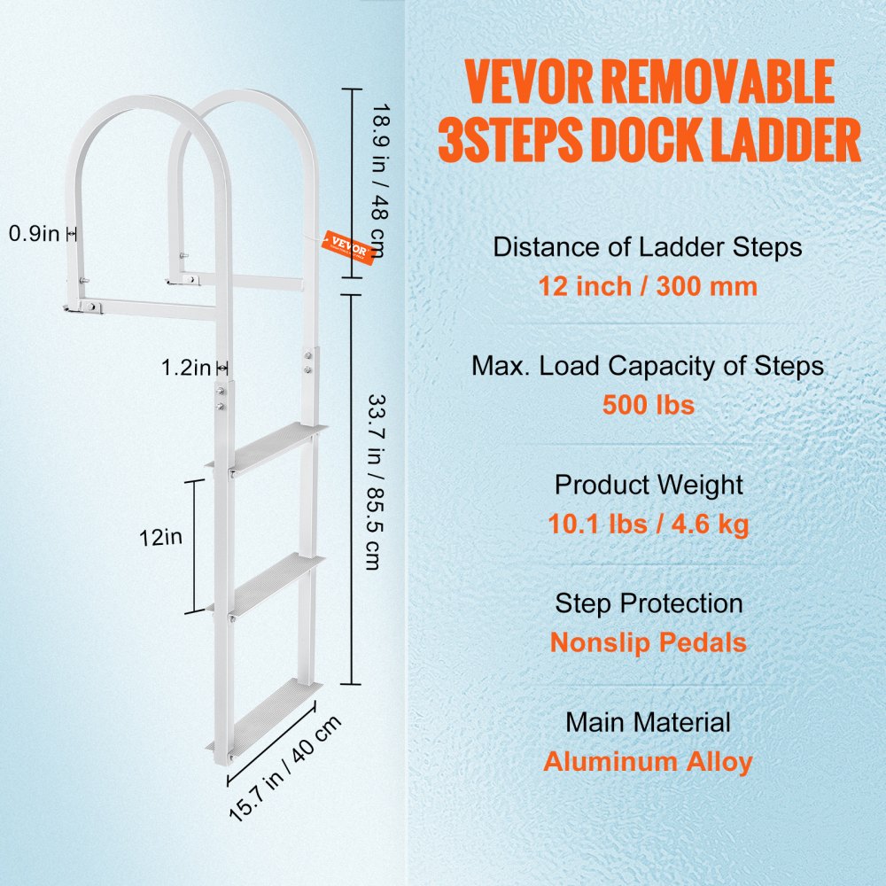 VEVOR Dock Ladder, Removable 3 Steps, 500 lbs Load Capacity, Aluminum Alloy Pontoon Boat Ladder with 3.1'' Wide Step & Nonslip Rubber Mat, Easy to Install for Ship/Lake/Pool/Marine Boarding 