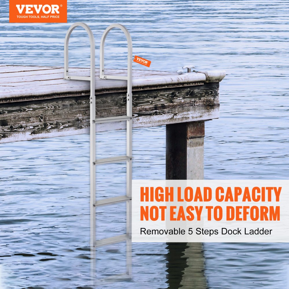 VEVOR Dock Ladder, Removable 5 Steps, 500 lbs Load Capacity, Aluminum Alloy Pontoon Boat Ladder with 3.1'' Wide Step & Nonslip Rubber Mat, Easy to Install for Ship/Lake/Pool/Marine Boarding 