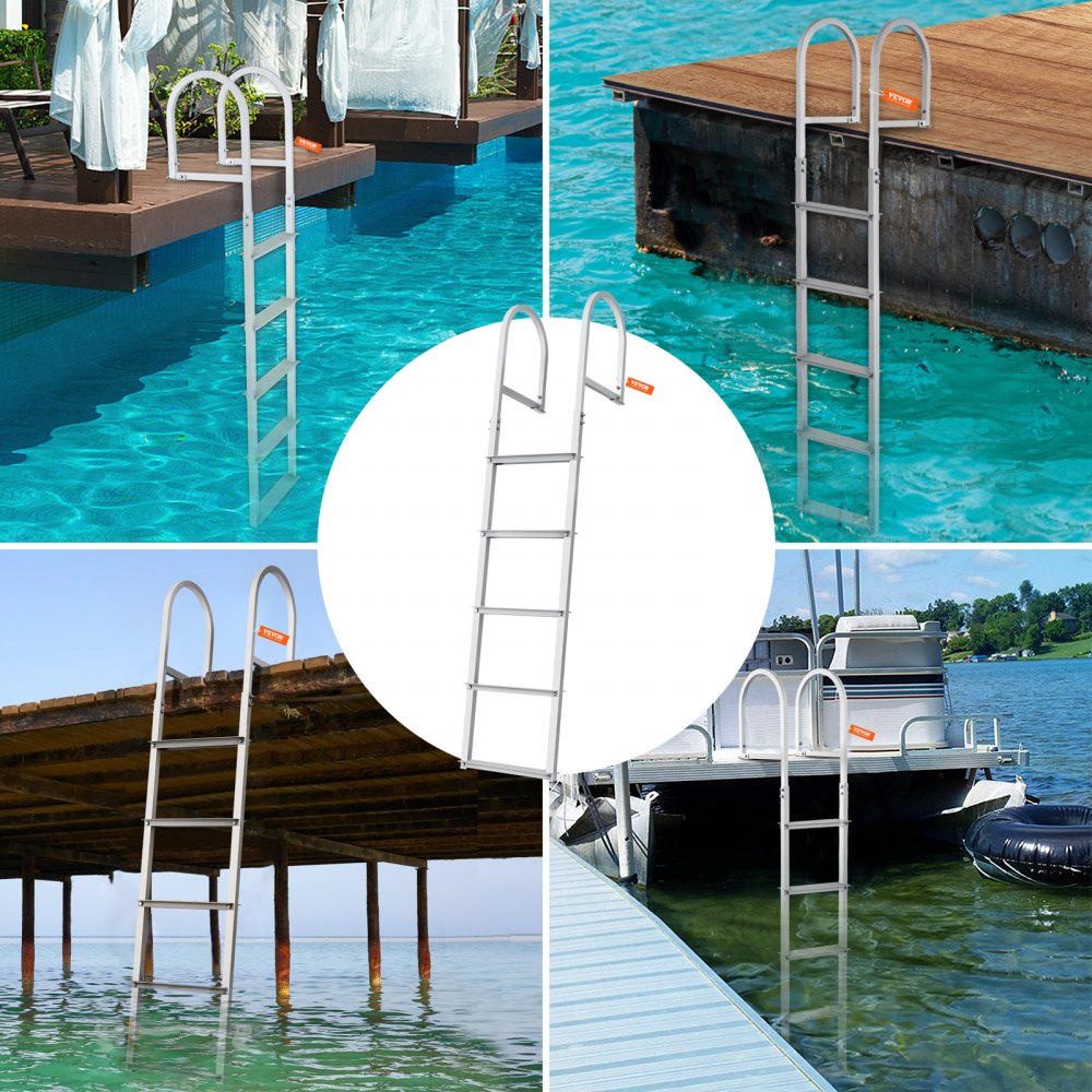 VEVOR Dock Ladder, Removable 5 Steps, 500 lbs Load Capacity, Aluminum Alloy Pontoon Boat Ladder with 3.1'' Wide Step & Nonslip Rubber Mat, Easy to Install for Ship/Lake/Pool/Marine Boarding 