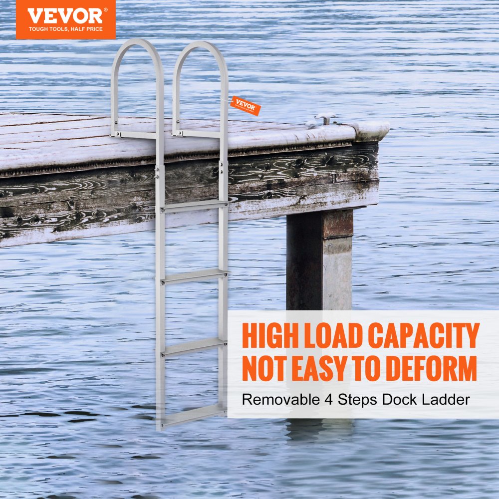 VEVOR Dock Ladder, Removable 4 Steps, 500 lbs Load Capacity, Aluminum Alloy Pontoon Boat Ladder with 3.1'' Wide Step & Nonslip Rubber Mat, Easy to Install for Ship/Lake/Pool/Marine Boarding 