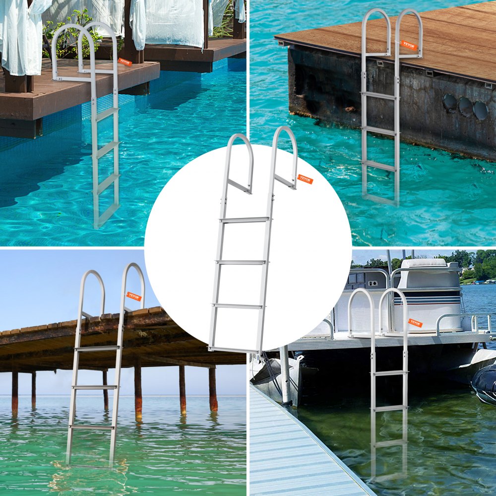 VEVOR Dock Ladder, Removable 4 Steps, 500 lbs Load Capacity, Aluminum Alloy Pontoon Boat Ladder with 3.1'' Wide Step & Nonslip Rubber Mat, Easy to Install for Ship/Lake/Pool/Marine Boarding 