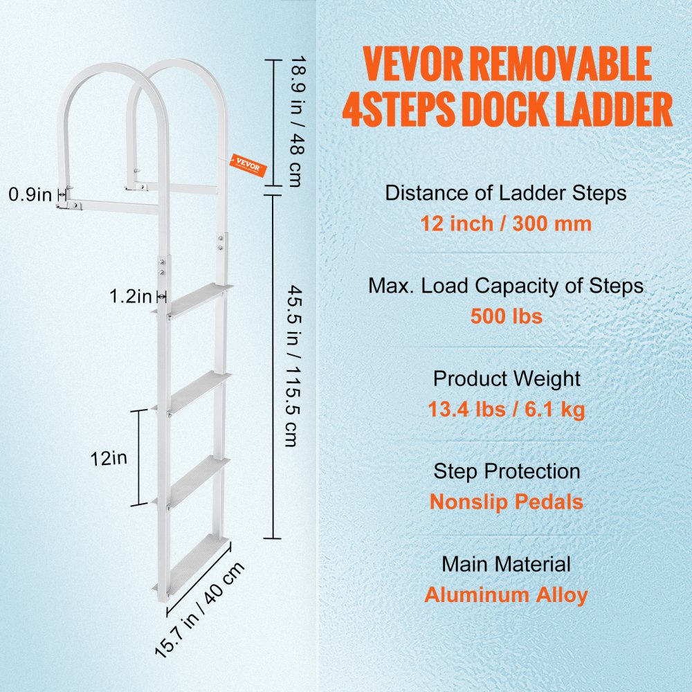 VEVOR Dock Ladder, Removable 4 Steps, 500 lbs Load Capacity, Aluminum Alloy Pontoon Boat Ladder with 3.1'' Wide Step & Nonslip Rubber Mat, Easy to Install for Ship/Lake/Pool/Marine Boarding 