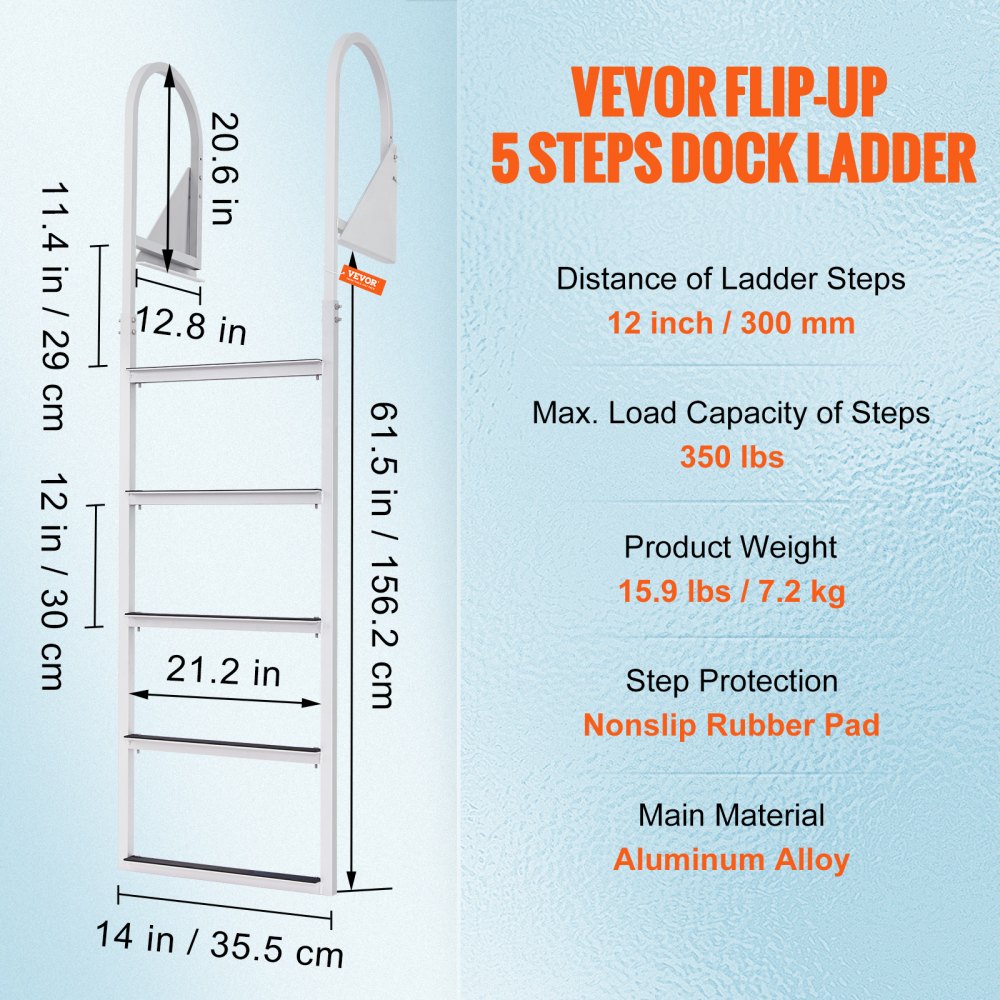 VEVOR Dock Ladder, Flip-Up 5 Steps, 350 lbs Load Capacity, Aluminum Alloy Pontoon Boat Ladder with 2'' Wide Step & Nonslip Rubber Mat, Easy to Install for Ship/Lake/Pool/Marine Boarding 