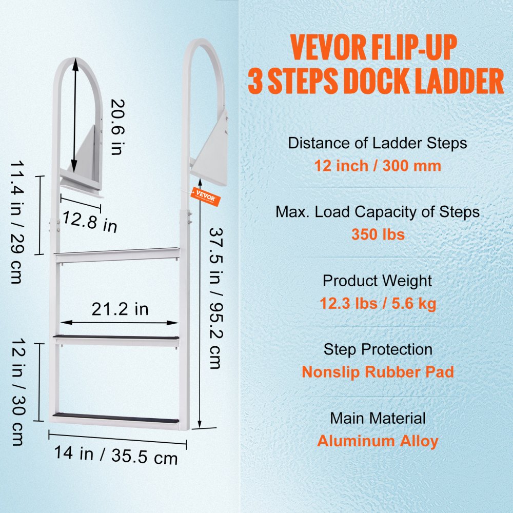 VEVOR Dock Ladder, Flip-Up 3 Steps, 350 lbs Load Capacity, Aluminum Alloy Pontoon Boat Ladder with 2'' Wide Step & Nonslip Rubber Mat, Easy to Install for Ship/Lake/Pool/Marine Boarding 