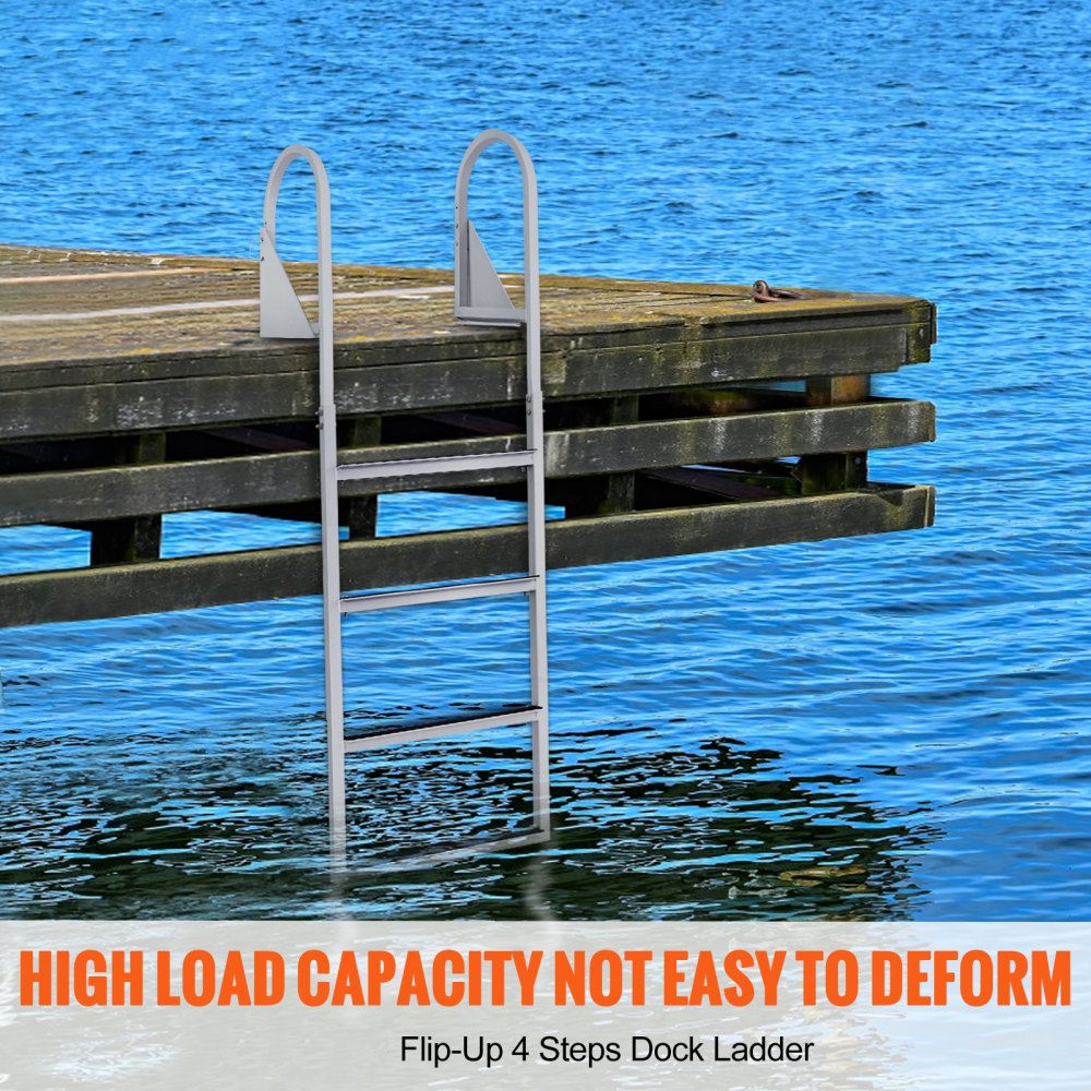 VEVOR Dock Ladder, Flip-Up 4 Steps, 350 lbs Load Capacity, Aluminum Alloy Pontoon Boat Ladder with 2'' Wide Step & Nonslip Rubber Mat, Easy to Install for Ship/Lake/Pool/Marine Boarding 