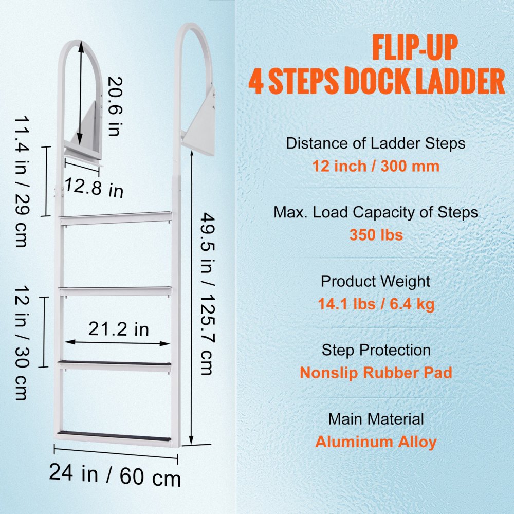 VEVOR Dock Ladder, Flip-Up 4 Steps, 350 lbs Load Capacity, Aluminum Alloy Pontoon Boat Ladder with 2'' Wide Step & Nonslip Rubber Mat, Easy to Install for Ship/Lake/Pool/Marine Boarding 