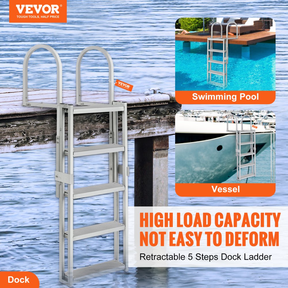 VEVOR Dock Ladder, Retractable 5 Steps, 350 lbs Load Capacity, Aluminum Alloy Pontoon Boat Ladder with 66.9''-78.9'' Adjustable Height, 4'' Wide Step & Rubber Mat, for Ship/Lake/Pool/Marine Boarding 