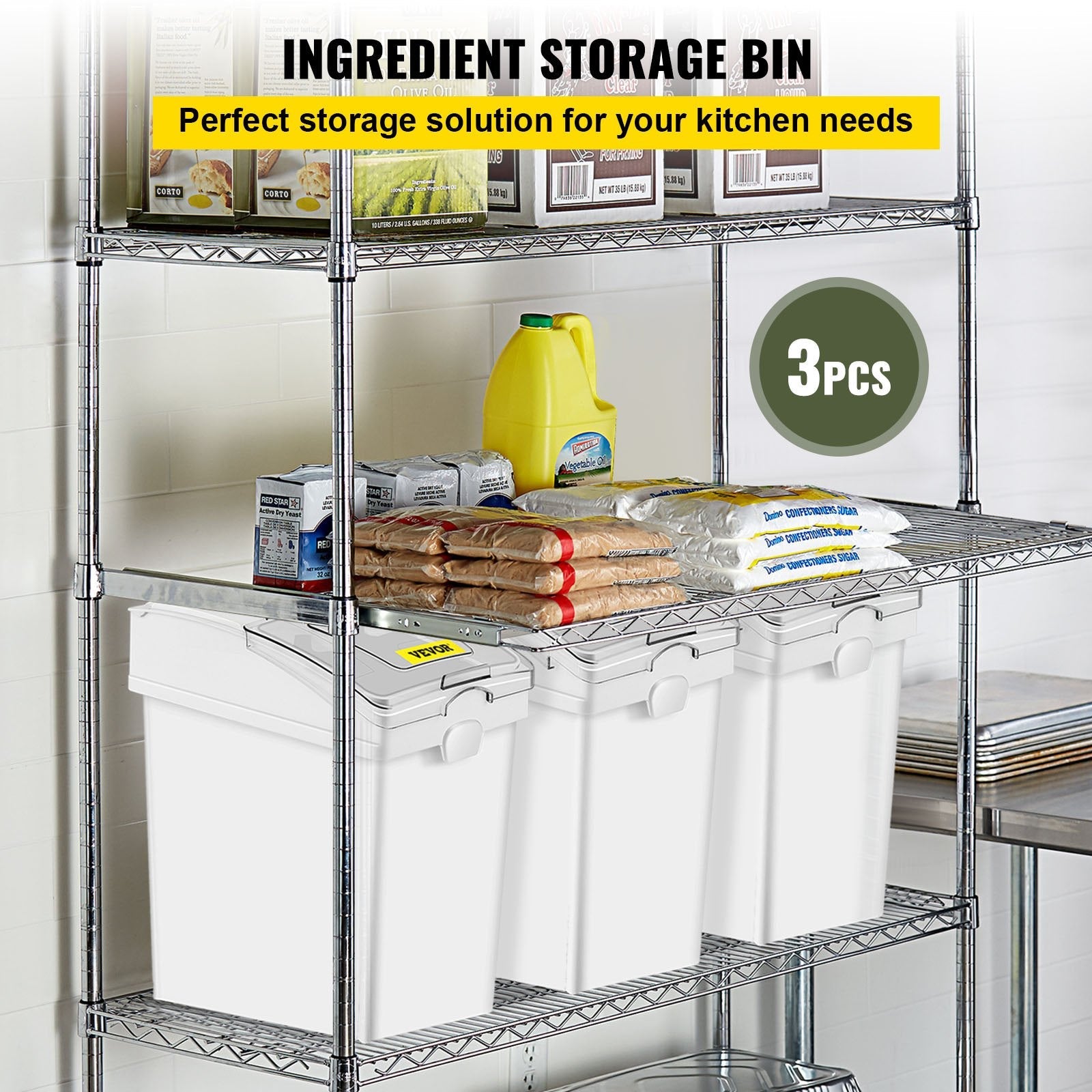 VEVOR Ingredient Bin, 6.6 Gallons Capacity Ingredient Storage Bin, 3 Pcs/Set, PP Material Flour Bins On Wheels, White Shelf Ingredient Bin with Scoop and Sliding Lid, Commercial Storage Bins 