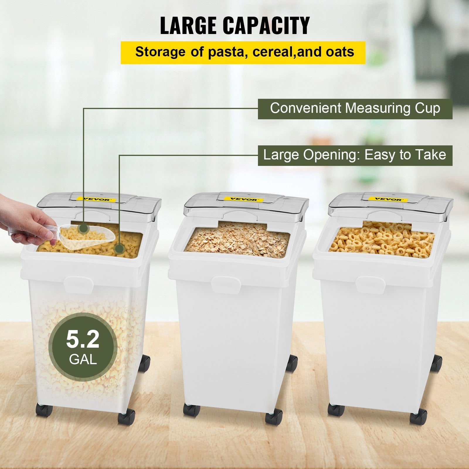 VEVOR Ingredient Bin, 6.6 Gallons Capacity Ingredient Storage Bin, 3 Pcs/Set, PP Material Flour Bins On Wheels, White Shelf Ingredient Bin with Scoop and Sliding Lid, Commercial Storage Bins 