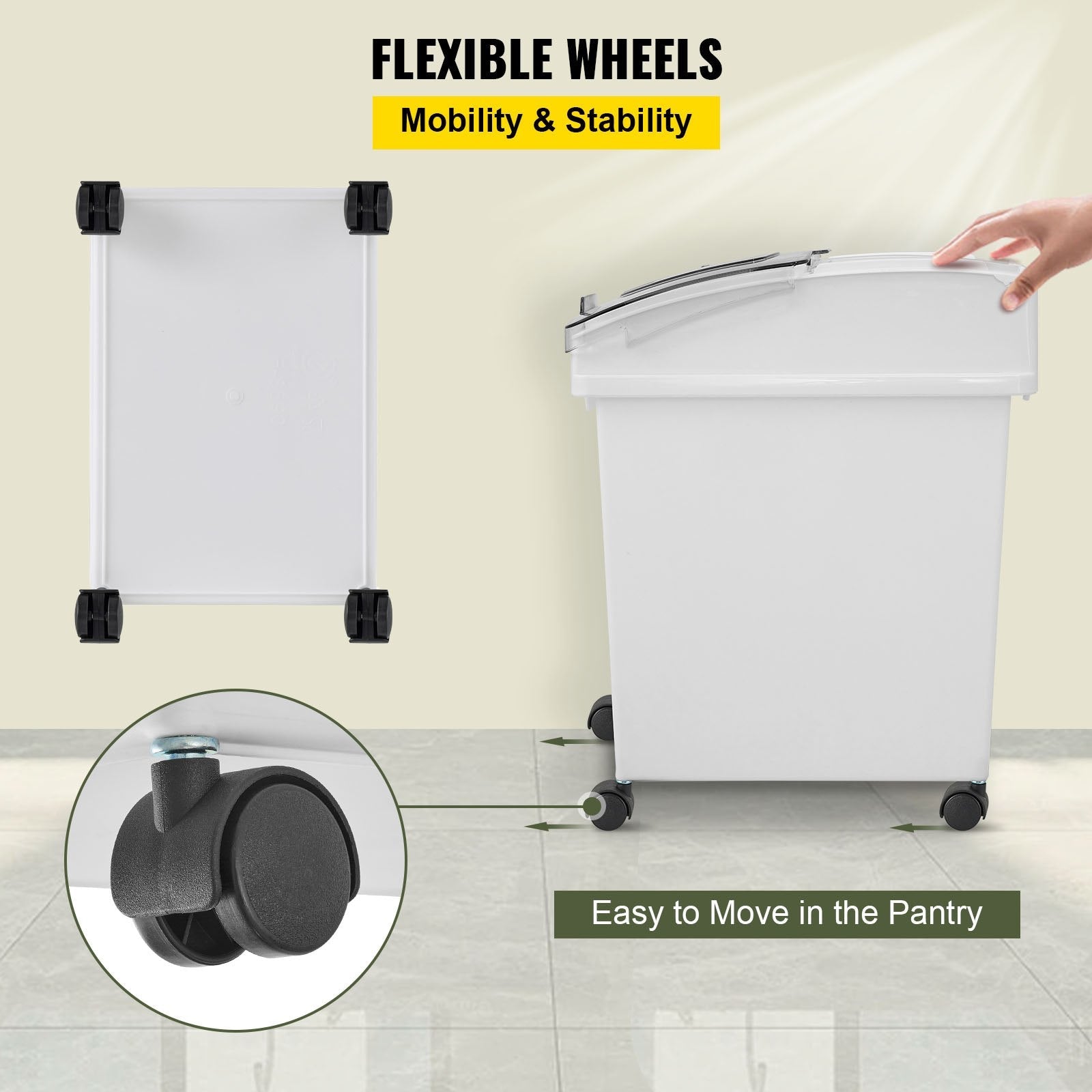 VEVOR Ingredient Bin, 6.6 Gallons Capacity Ingredient Storage Bin, 3 Pcs/Set, PP Material Flour Bins On Wheels, White Shelf Ingredient Bin with Scoop and Sliding Lid, Commercial Storage Bins 
