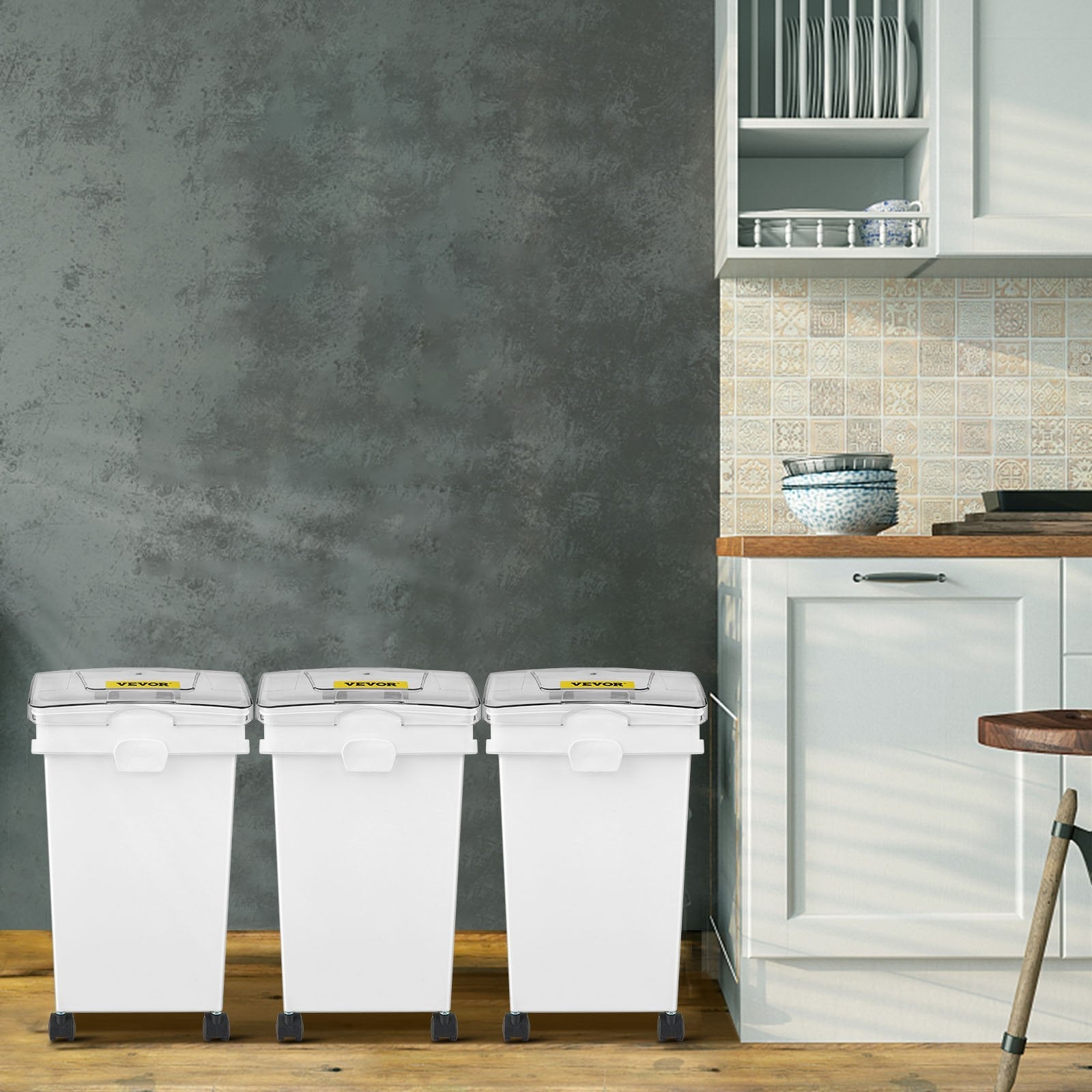 VEVOR Ingredient Bin, 6.6 Gallons Capacity Ingredient Storage Bin, 3 Pcs/Set, PP Material Flour Bins On Wheels, White Shelf Ingredient Bin with Scoop and Sliding Lid, Commercial Storage Bins 