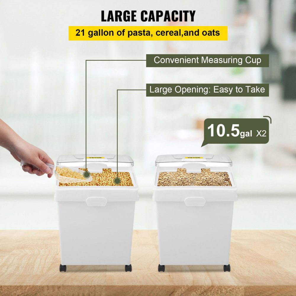 VEVOR 10.5 Gallons Ingredient Bin, Ingredient Storage Bin 2 Pcs/Set, PP Material Flour Bins On Wheels, White Shelf Ingredient Bin with Scoop and Sliding Lid, Commercial Storage Bins 