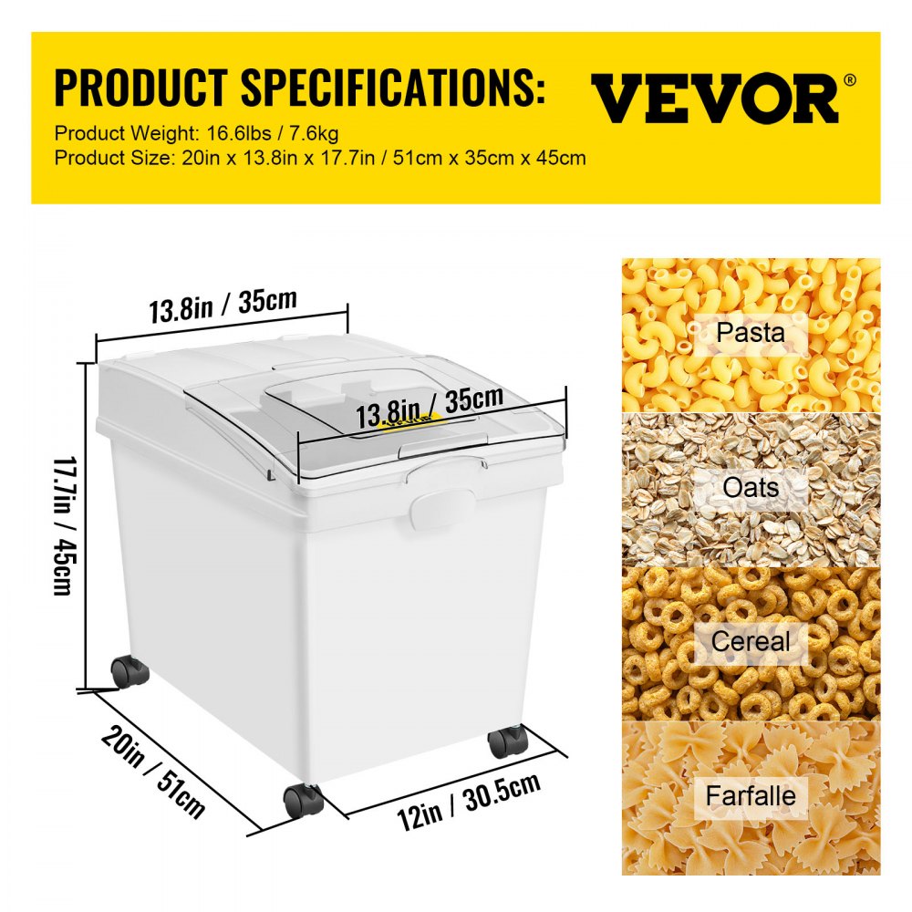 VEVOR 10.5 Gallons Ingredient Bin, Ingredient Storage Bin 2 Pcs/Set, PP Material Flour Bins On Wheels, White Shelf Ingredient Bin with Scoop and Sliding Lid, Commercial Storage Bins 