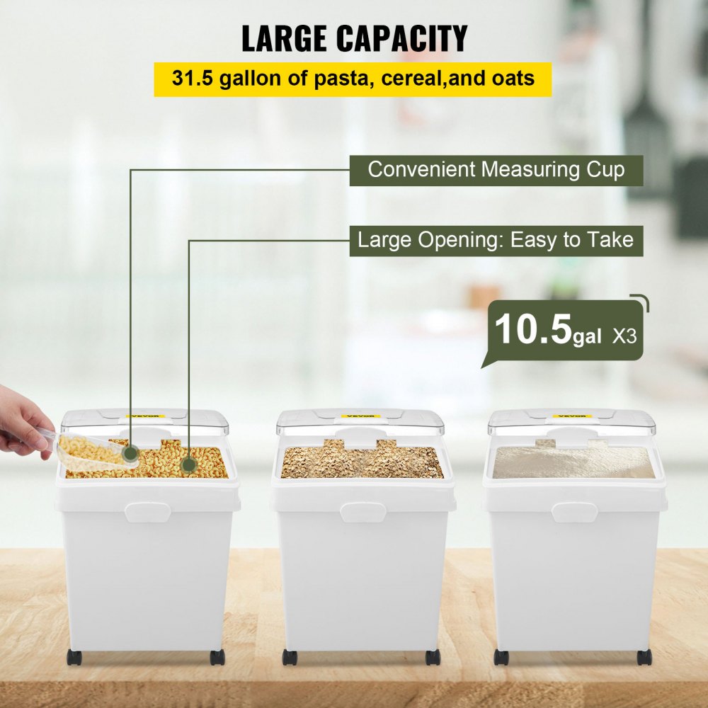 VEVOR Ingredient Bin, 10.5 Gallons Capacity Ingredient Storage Bin, PP Material Flour Bins On Wheels, White Shelf Ingredient Bin with Scoop and Sliding Lid, Commercial Storage Bins 3 Pcs/Set 