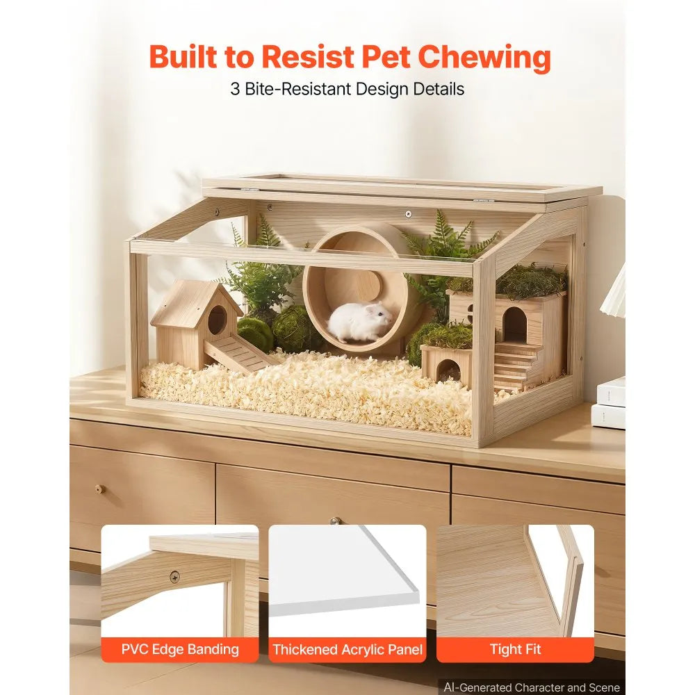 Wooden Hamster Cage, 31.9" Large Small Animal Habitat with 270° Clear Acrylic Viewing, Openable Top & Ventilated Enclosure