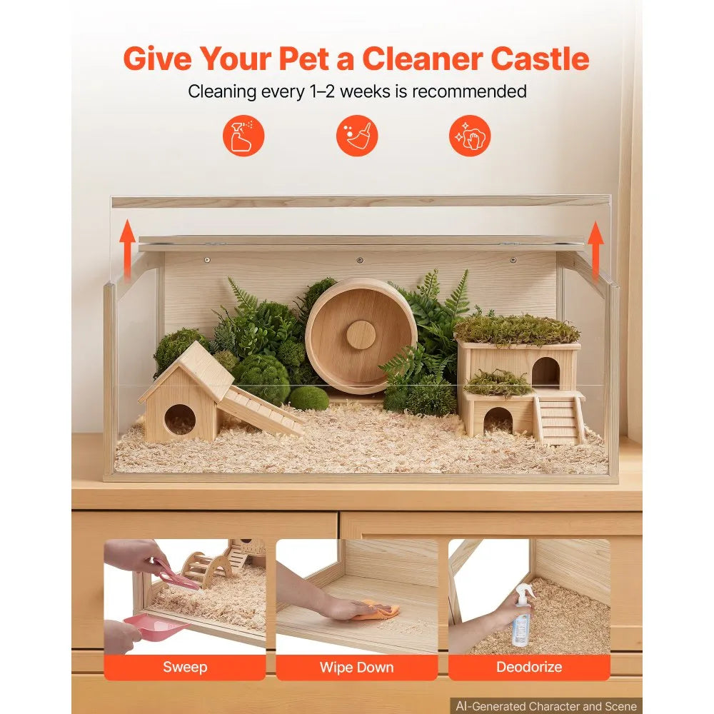 Wooden Hamster Cage, 31.9" Large Small Animal Habitat with 270° Clear Acrylic Viewing, Openable Top & Ventilated Enclosure