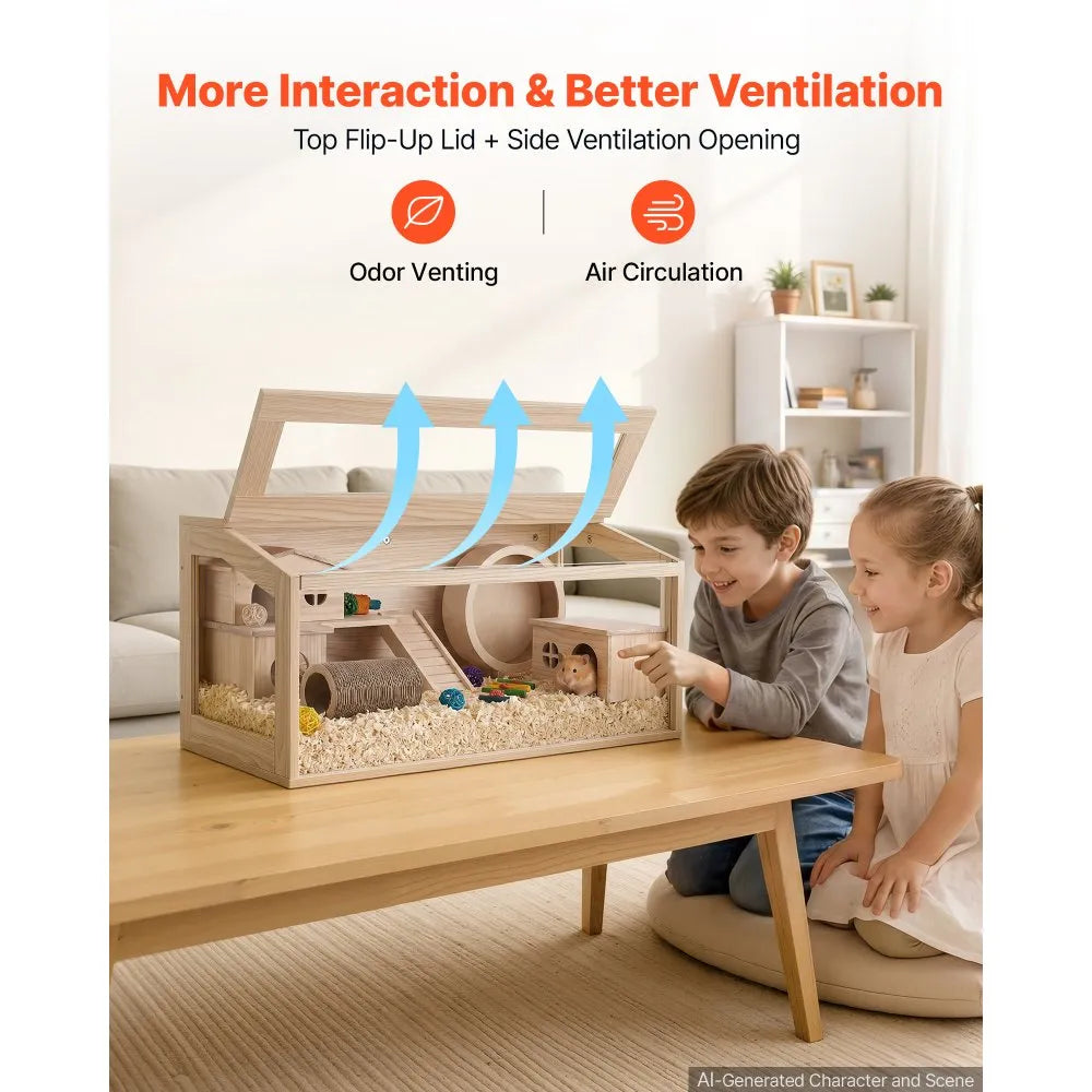 Wooden Hamster Cage, 31.9" Large Small Animal Habitat with 270° Clear Acrylic Viewing, Openable Top & Ventilated Enclosure
