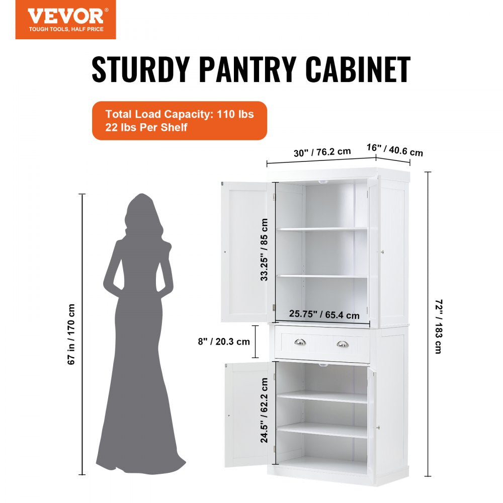 VEVOR 72" Kitchen Pantry Storage Cabinet, Freestanding Utility Cabinets with Doors, Drawer and 3 Adjustable Shelves, Tall Food Buffet Pantries for Kitchen, Living Room, Dinning Room, Laundry, White 