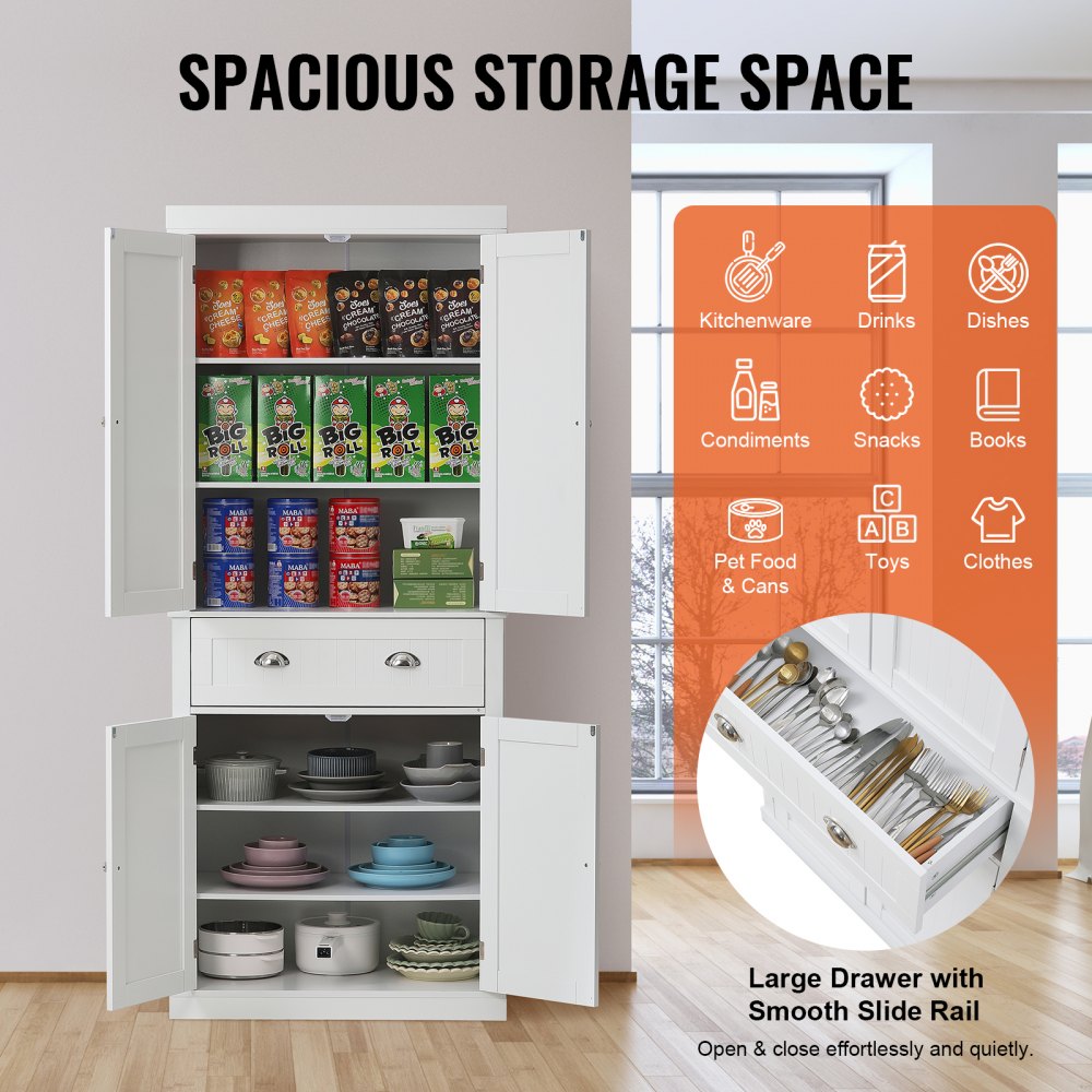 VEVOR 72" Kitchen Pantry Storage Cabinet, Freestanding Utility Cabinets with Doors, Drawer and 3 Adjustable Shelves, Tall Food Buffet Pantries for Kitchen, Living Room, Dinning Room, Laundry, White 