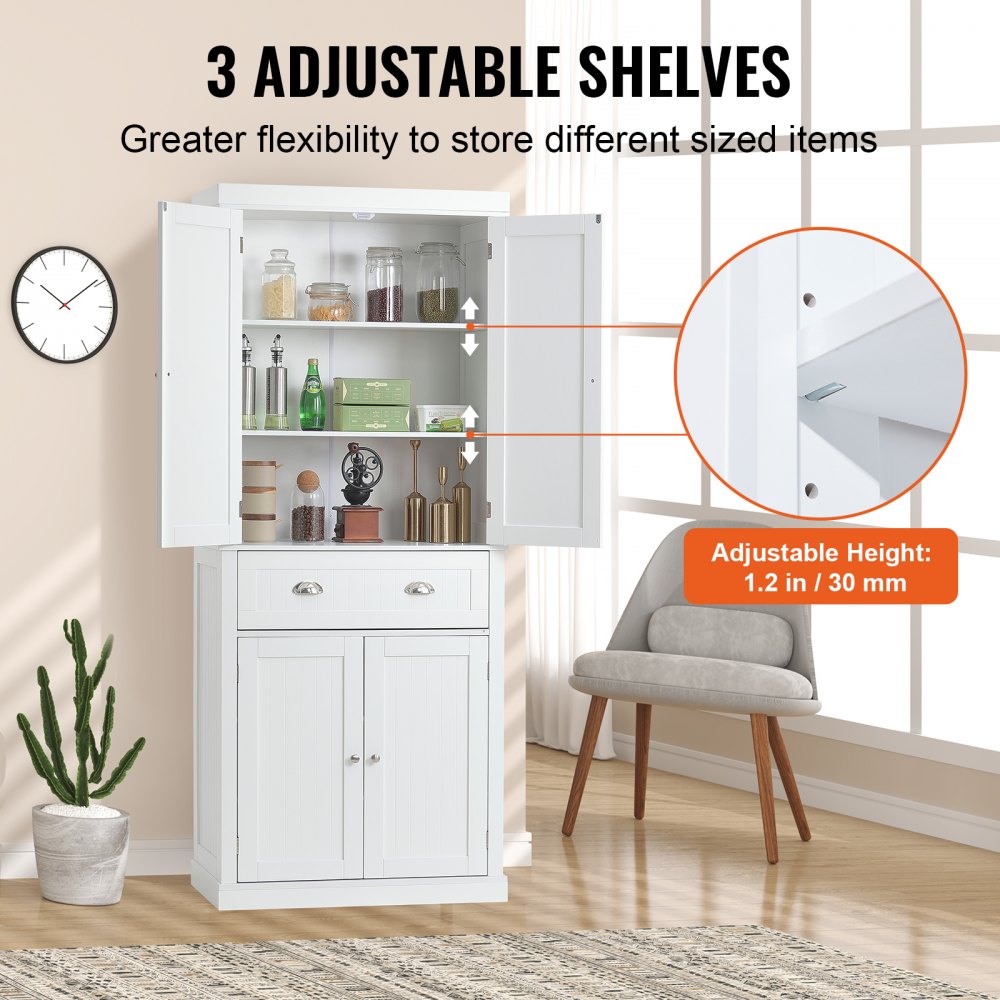 VEVOR 72" Kitchen Pantry Storage Cabinet, Freestanding Utility Cabinets with Doors, Drawer and 3 Adjustable Shelves, Tall Food Buffet Pantries for Kitchen, Living Room, Dinning Room, Laundry, White 