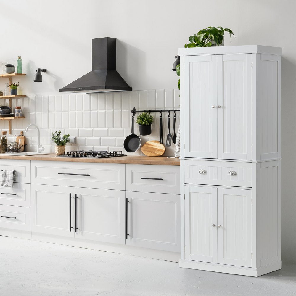 VEVOR 72" Kitchen Pantry Storage Cabinet, Freestanding Utility Cabinets with Doors, Drawer and 3 Adjustable Shelves, Tall Food Buffet Pantries for Kitchen, Living Room, Dinning Room, Laundry, White 