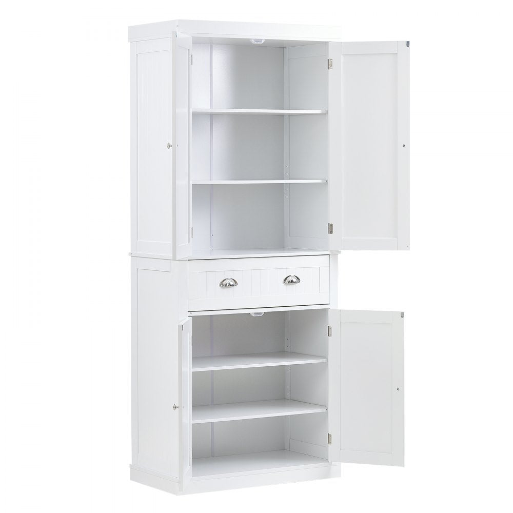 VEVOR 72" Kitchen Pantry Storage Cabinet, Freestanding Utility Cabinets with Doors, Drawer and 3 Adjustable Shelves, Tall Food Buffet Pantries for Kitchen, Living Room, Dinning Room, Laundry, White 