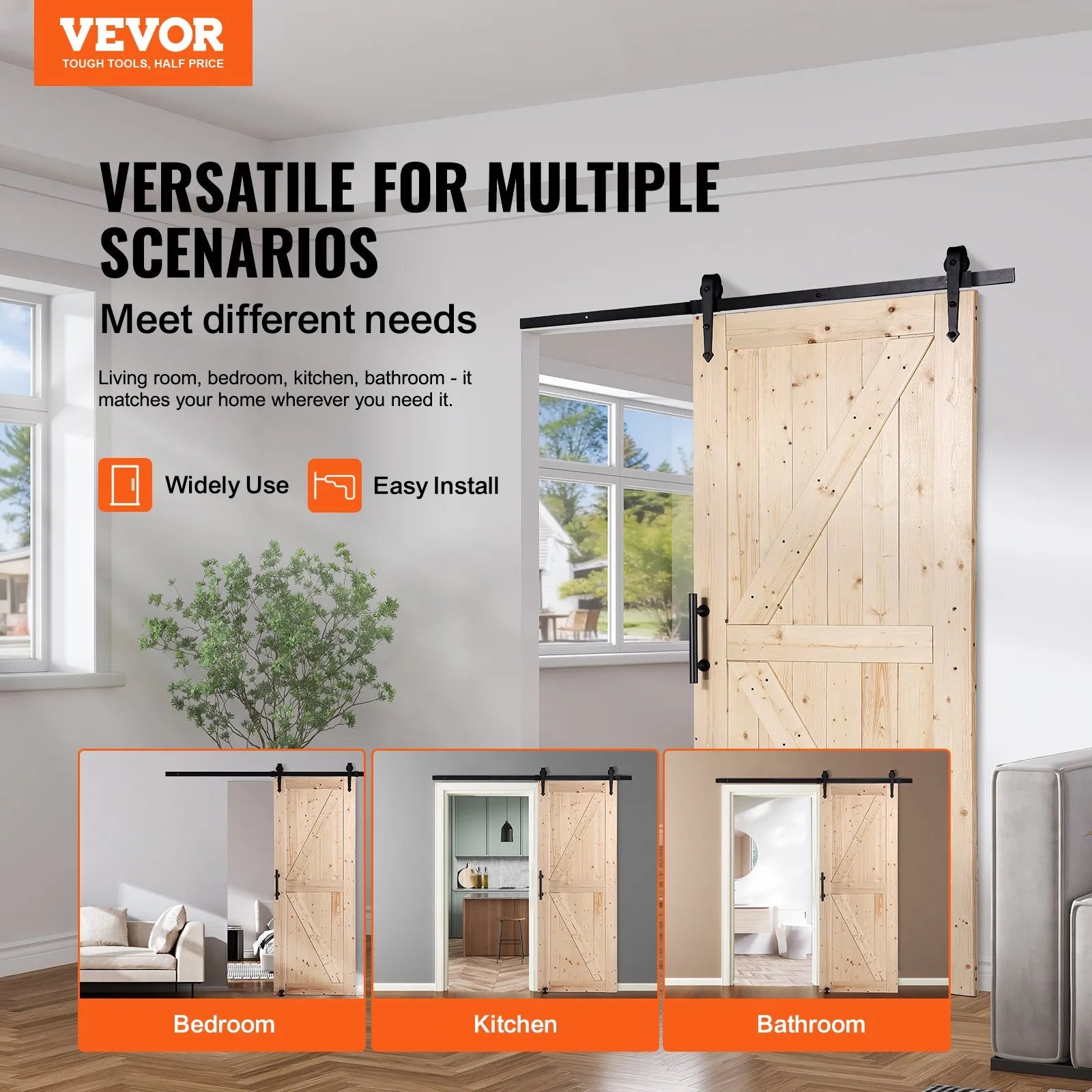 VEVOR Barn Door and Hardware Kit, 36" x 84" Wood Sliding Barn Door, Smoothly and Quietly, Barn Door Kit with 8-in-1 Floor Guide and Door Handle, Spruce Wood Panelled Slab, Easy to Install