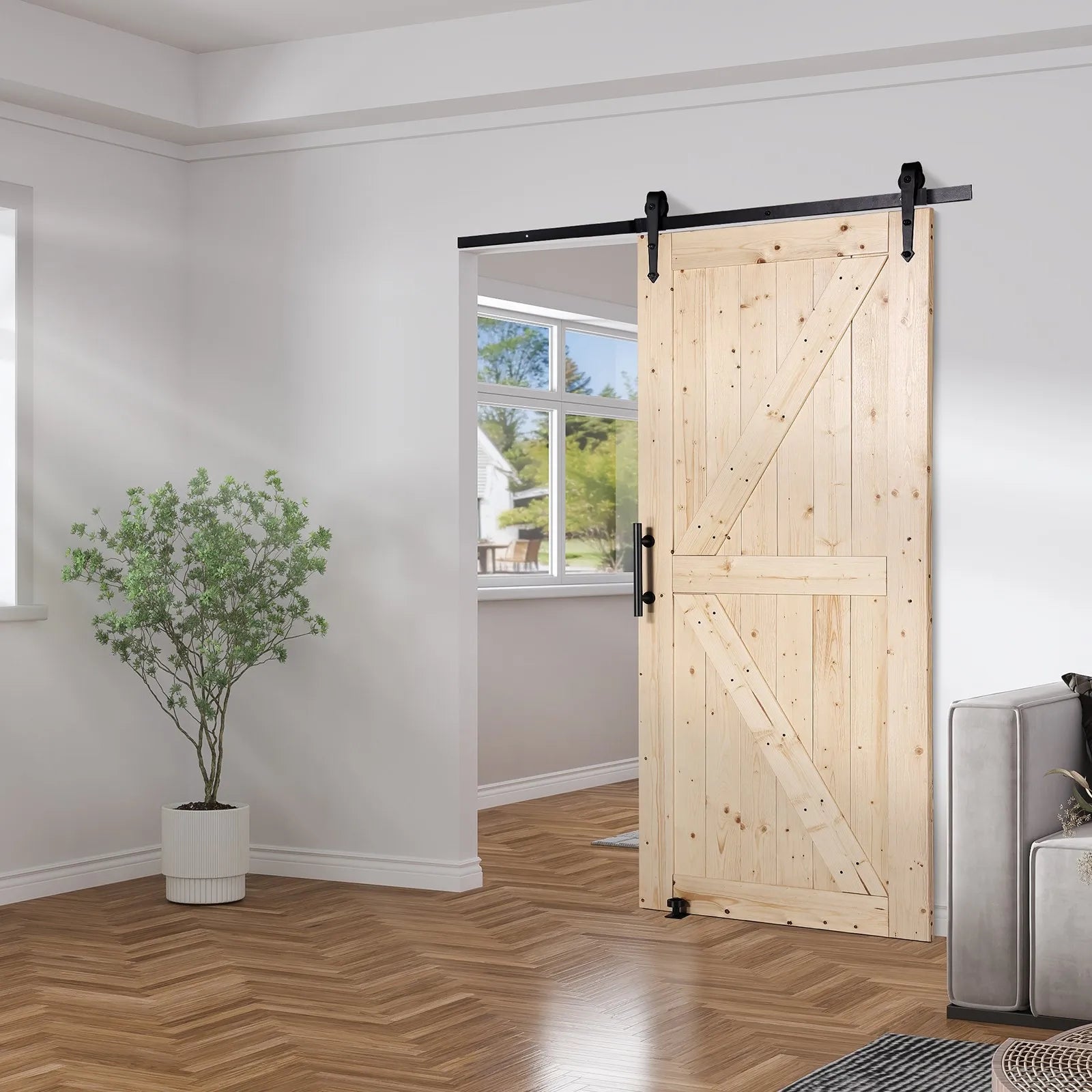 VEVOR Barn Door and Hardware Kit, 36" x 84" Wood Sliding Barn Door, Smoothly and Quietly, Barn Door Kit with 8-in-1 Floor Guide and Door Handle, Spruce Wood Panelled Slab, Easy to Install