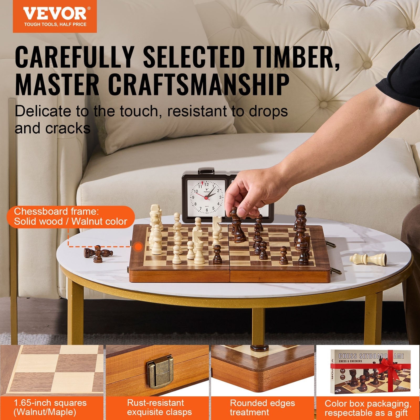 VEVOR Magnetic Wooden Chess Set, 15 inch 2-IN-1 Chess Checkers Game Set, Folding Chess Board Games for Adults Kids, 2 Queens Portable Travel Gift Chess Set for Tournament Professional Beginner 