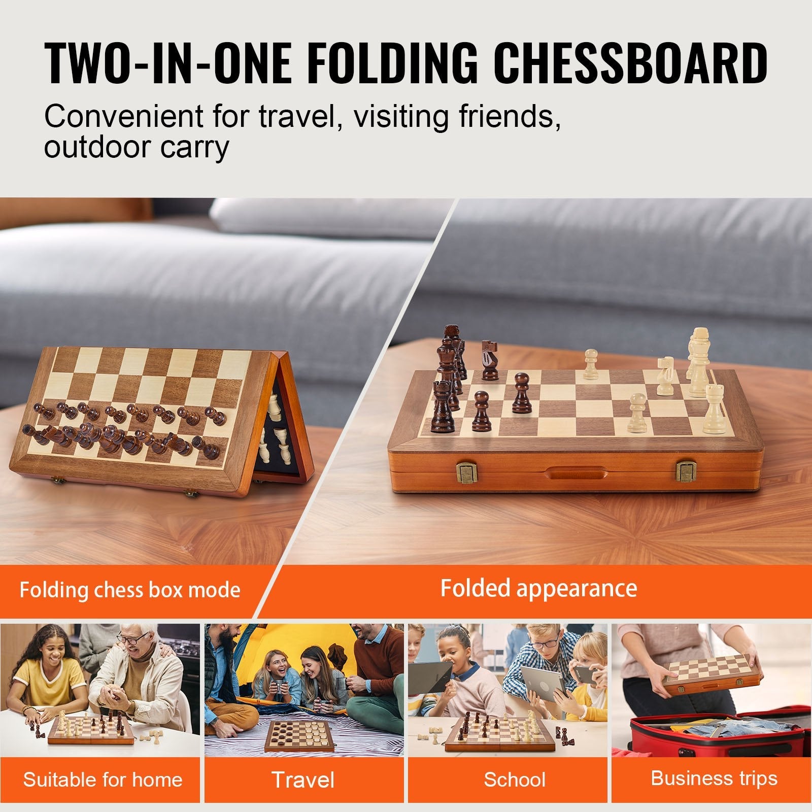 VEVOR Magnetic Wooden Chess Set, 15 inch 2-IN-1 Chess Checkers Game Set, Folding Chess Board Games for Adults Kids, 2 Queens Portable Travel Gift Chess Set for Tournament Professional Beginner 