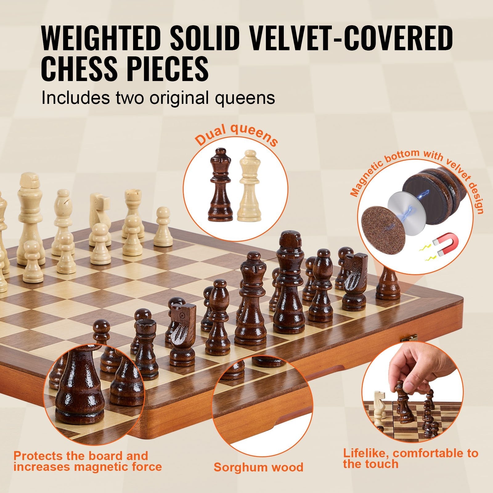 VEVOR Magnetic Wooden Chess Set, 15 inch 2-IN-1 Chess Checkers Game Set, Folding Chess Board Games for Adults Kids, 2 Queens Portable Travel Gift Chess Set for Tournament Professional Beginner 