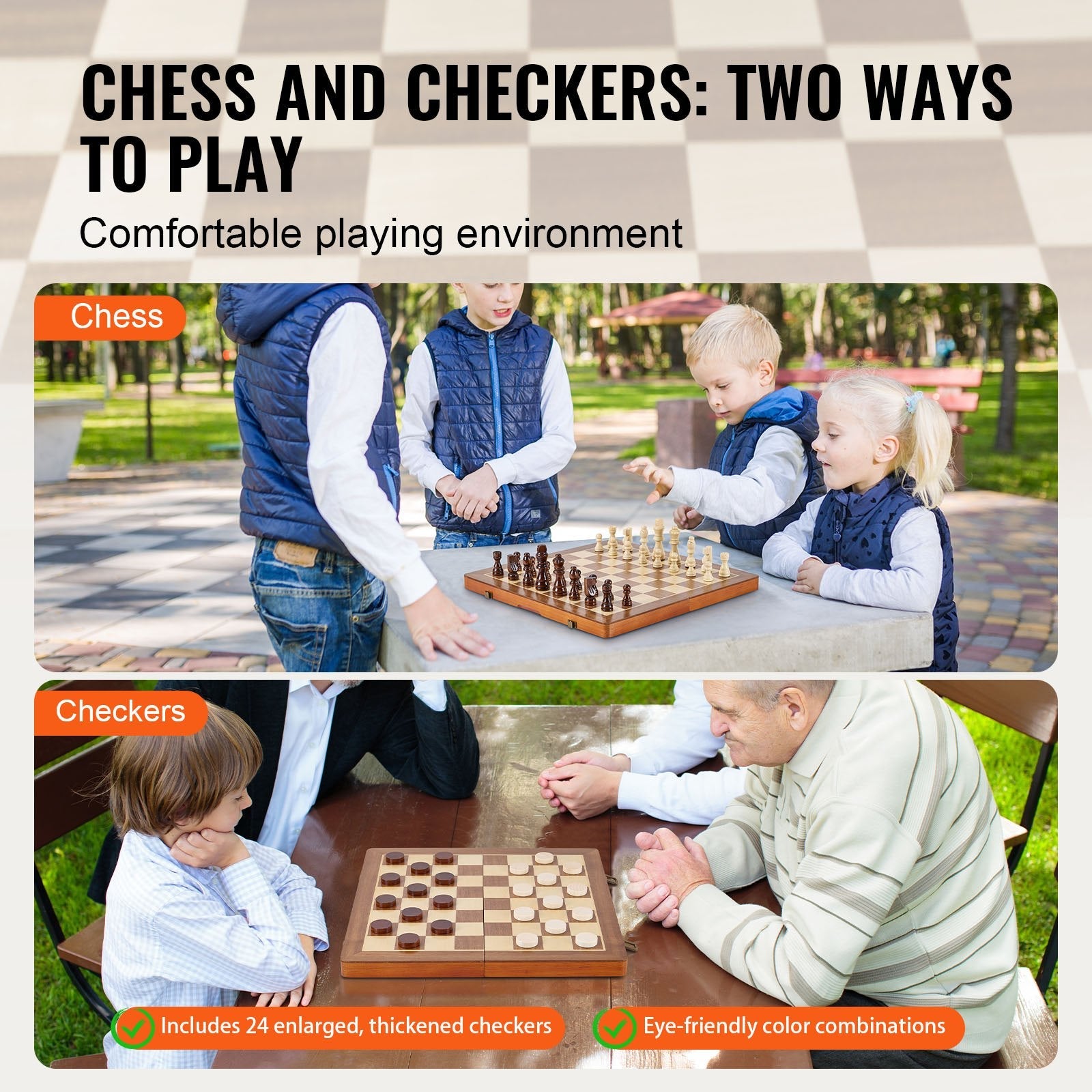 VEVOR Magnetic Wooden Chess Set, 15 inch 2-IN-1 Chess Checkers Game Set, Folding Chess Board Games for Adults Kids, 2 Queens Portable Travel Gift Chess Set for Tournament Professional Beginner 