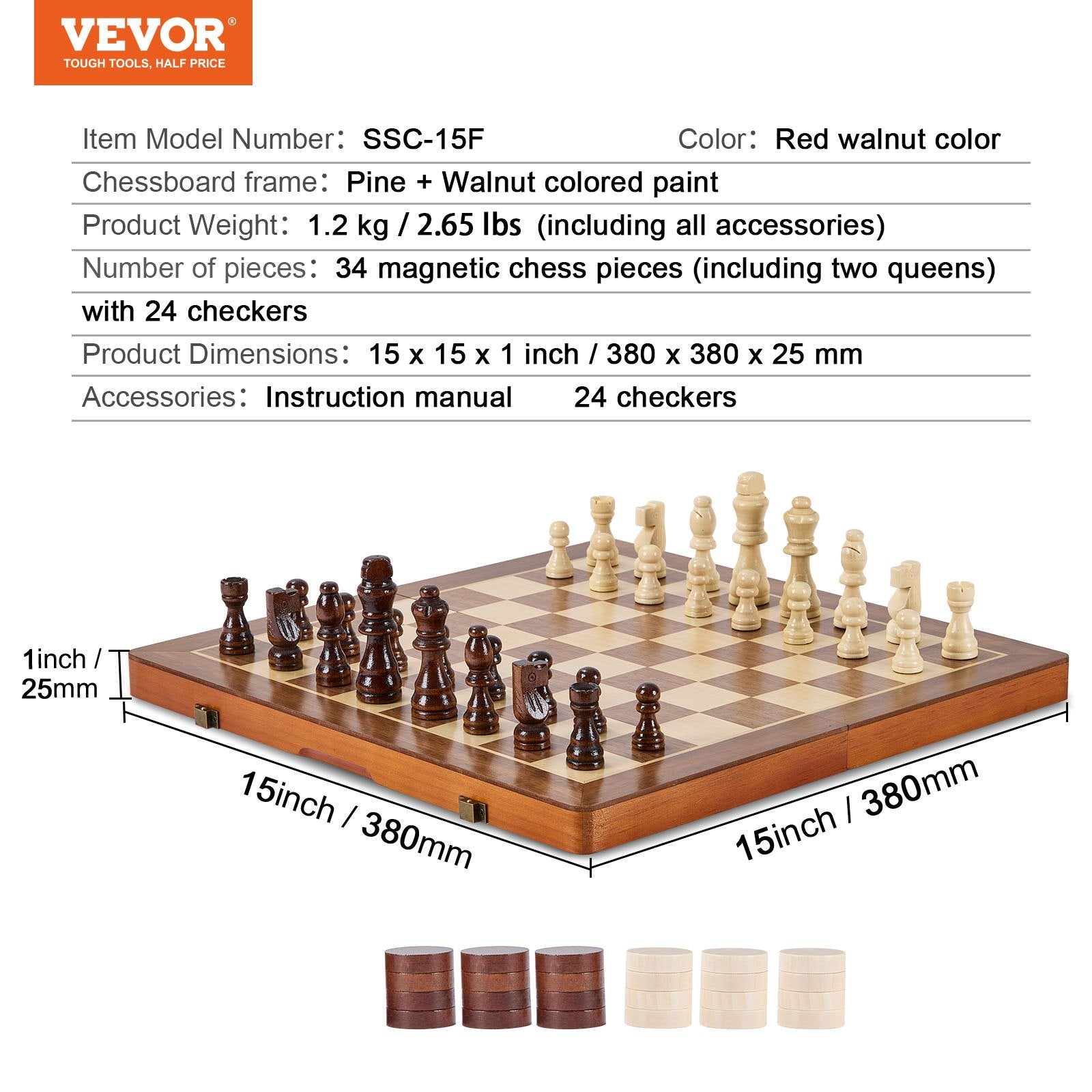 VEVOR Magnetic Wooden Chess Set, 15 inch 2-IN-1 Chess Checkers Game Set, Folding Chess Board Games for Adults Kids, 2 Queens Portable Travel Gift Chess Set for Tournament Professional Beginner 