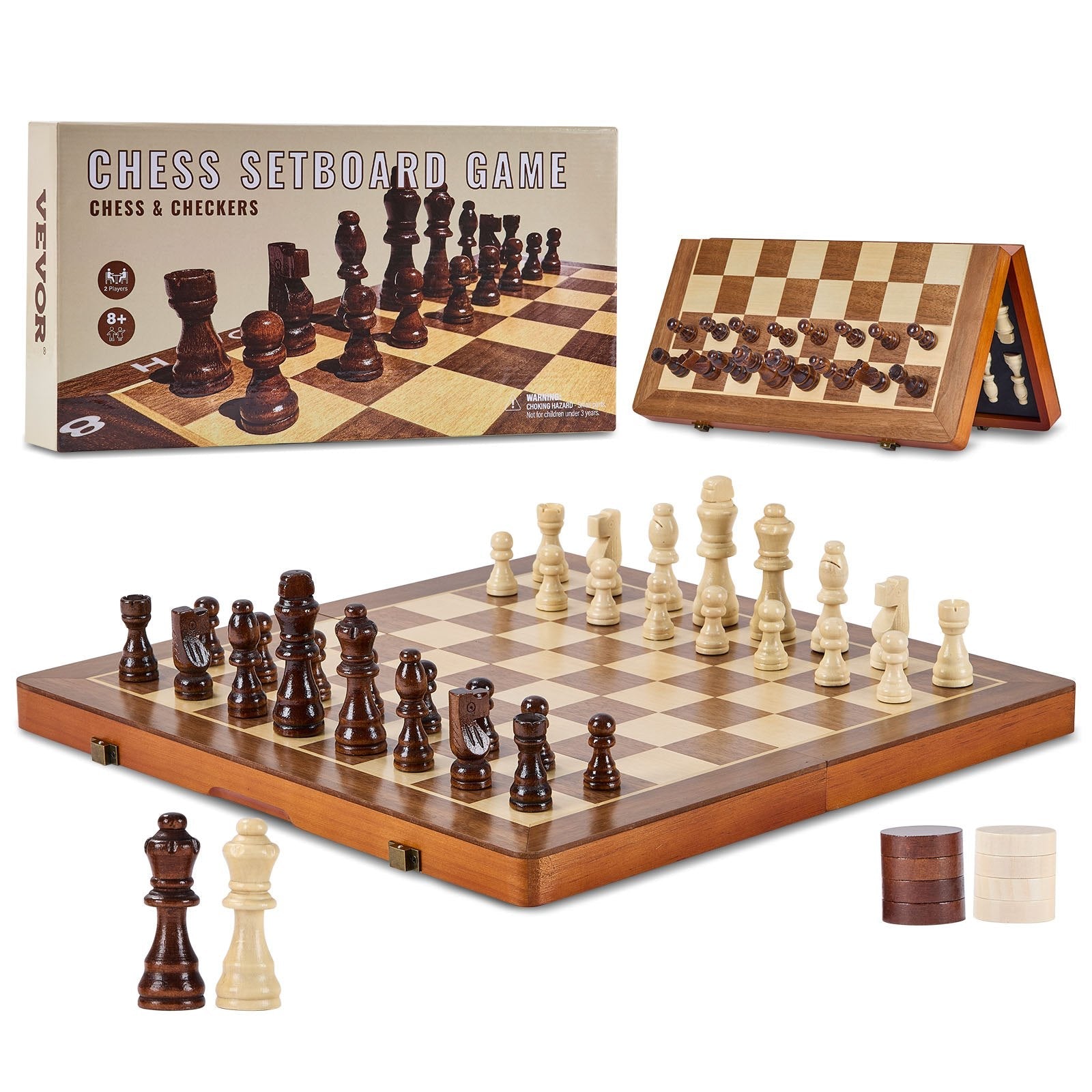 VEVOR Magnetic Wooden Chess Set, 15 inch 2-IN-1 Chess Checkers Game Set, Folding Chess Board Games for Adults Kids, 2 Queens Portable Travel Gift Chess Set for Tournament Professional Beginner 
