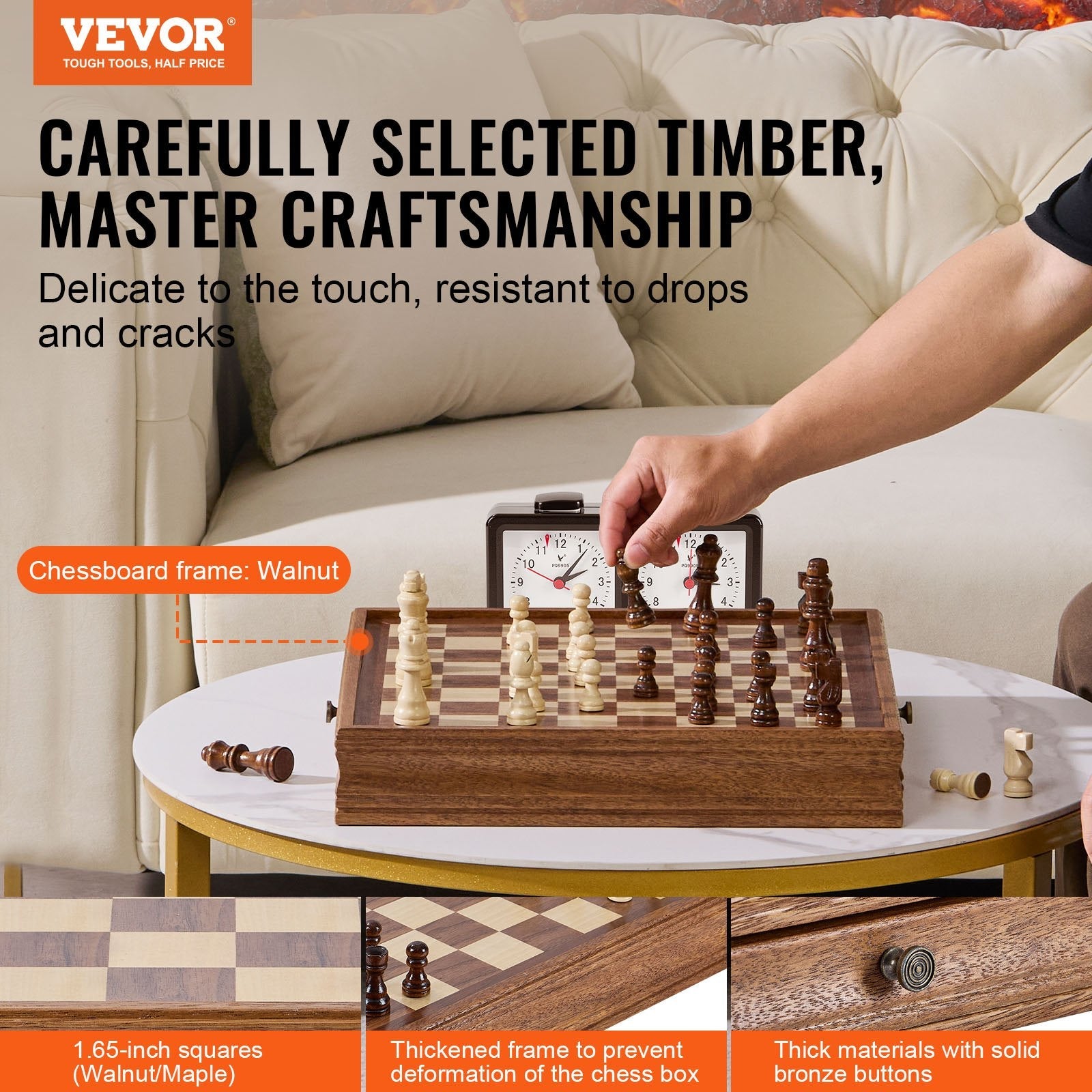 VEVOR Solid Wood Chess Set, 15 inch  2-IN-1 Chess Checkers Game Set, Chess Board Games with Storage Drawer & Weighted Chess Checkers Pieces & 2 Queens, for Adults Kids Tournament Professional Beginner 