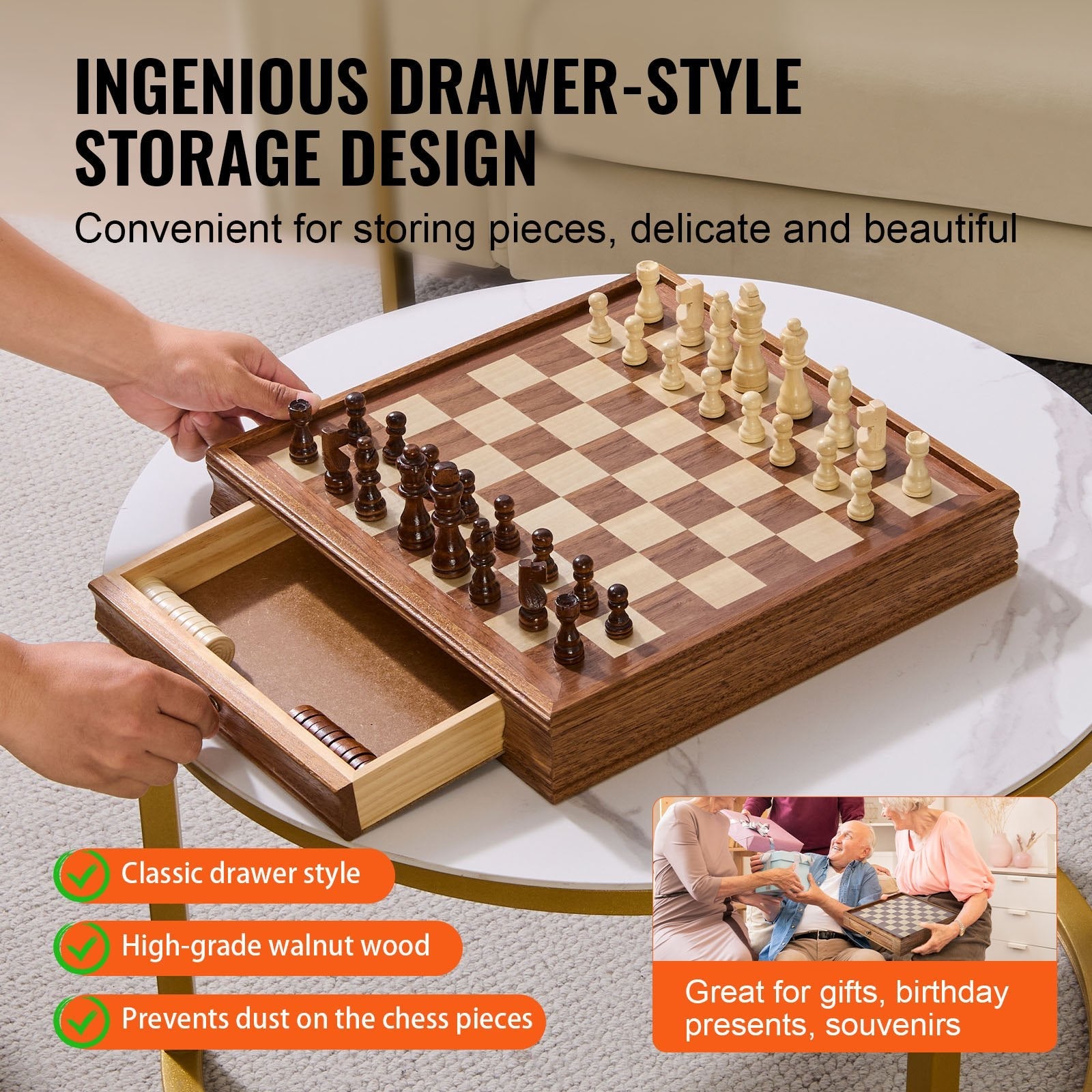VEVOR Solid Wood Chess Set, 15 inch  2-IN-1 Chess Checkers Game Set, Chess Board Games with Storage Drawer & Weighted Chess Checkers Pieces & 2 Queens, for Adults Kids Tournament Professional Beginner 