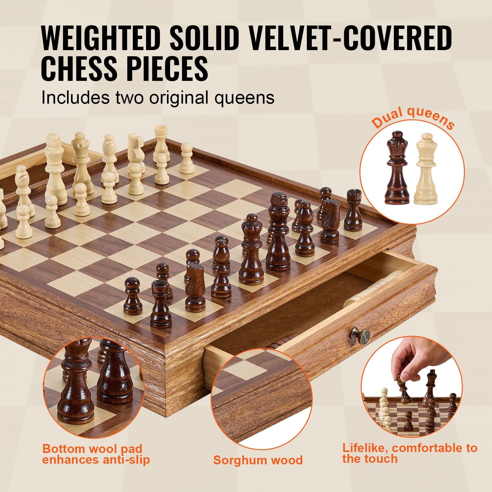 VEVOR Solid Wood Chess Set, 15 inch  2-IN-1 Chess Checkers Game Set, Chess Board Games with Storage Drawer & Weighted Chess Checkers Pieces & 2 Queens, for Adults Kids Tournament Professional Beginner 