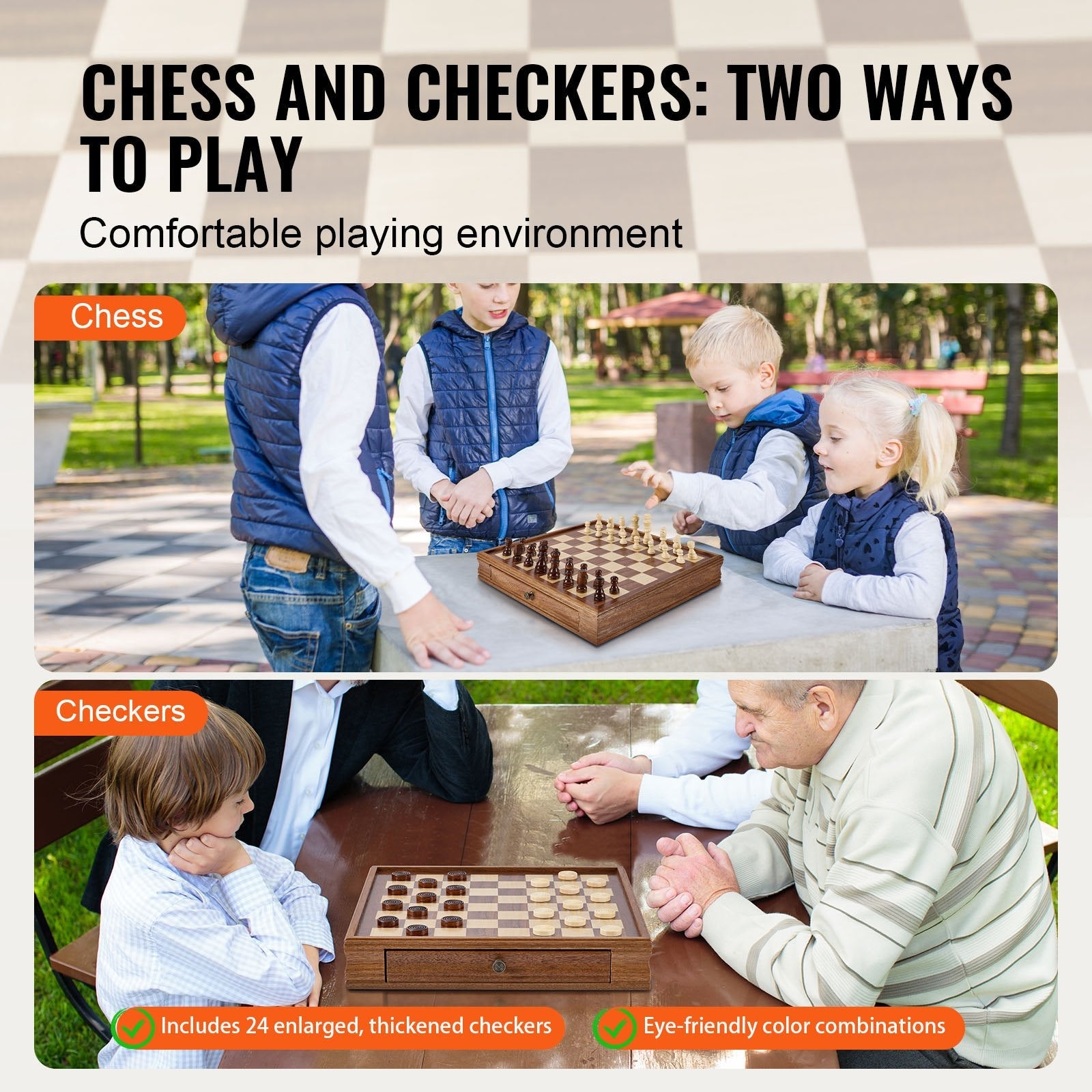 VEVOR Solid Wood Chess Set, 15 inch  2-IN-1 Chess Checkers Game Set, Chess Board Games with Storage Drawer & Weighted Chess Checkers Pieces & 2 Queens, for Adults Kids Tournament Professional Beginner 