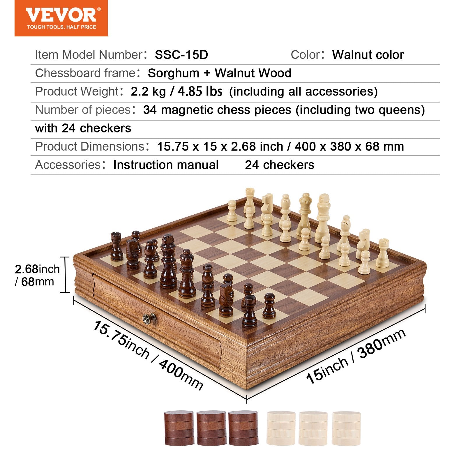 VEVOR Solid Wood Chess Set, 15 inch  2-IN-1 Chess Checkers Game Set, Chess Board Games with Storage Drawer & Weighted Chess Checkers Pieces & 2 Queens, for Adults Kids Tournament Professional Beginner 