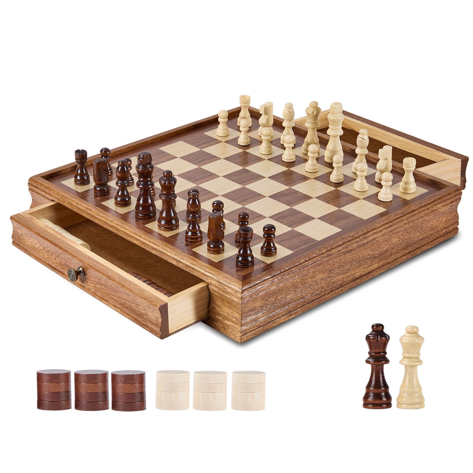 VEVOR Solid Wood Chess Set, 15 inch  2-IN-1 Chess Checkers Game Set, Chess Board Games with Storage Drawer & Weighted Chess Checkers Pieces & 2 Queens, for Adults Kids Tournament Professional Beginner 