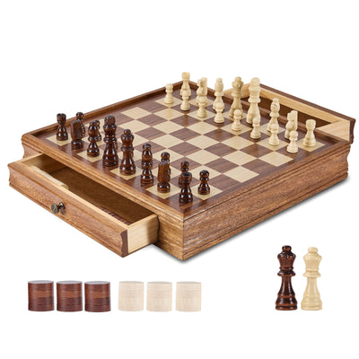 VEVOR Solid Wood Chess Set, 15 inch  2-IN-1 Chess Checkers Game Set, Chess Board Games with Storage Drawer & Weighted Chess Checkers Pieces & 2 Queens, for Adults Kids Tournament Professional Beginner 