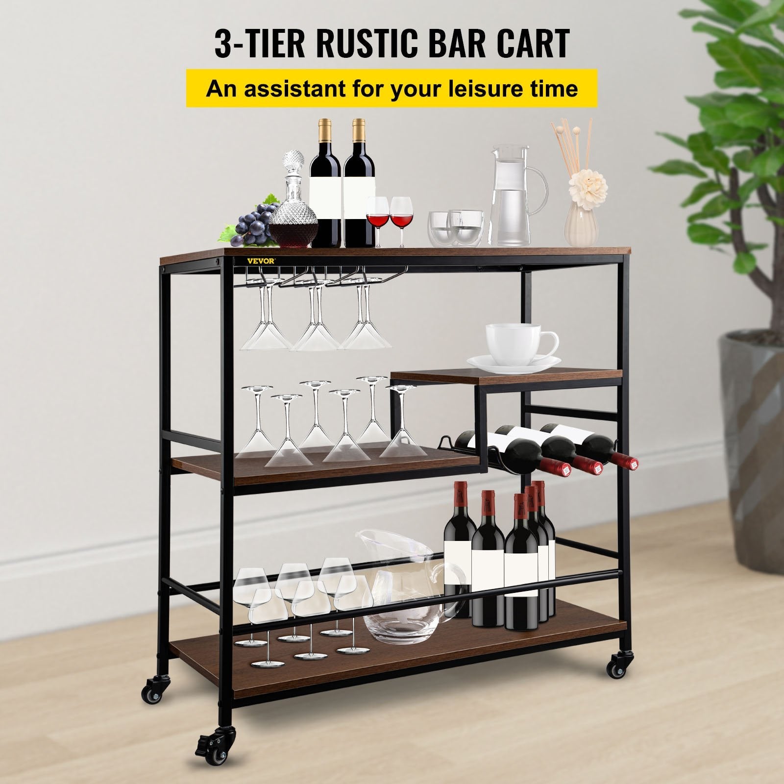 VEVOR Rustic Bar Cart, 3-Tier Industrial Bar Cart for Home, Bar Cart with Wine Rack & Glass Holders, 35.4 x 15.7 x 37.4 inches Home Bar & Serving Carts, Wine Cart on Wheels, Glass Bar Cart Brown 