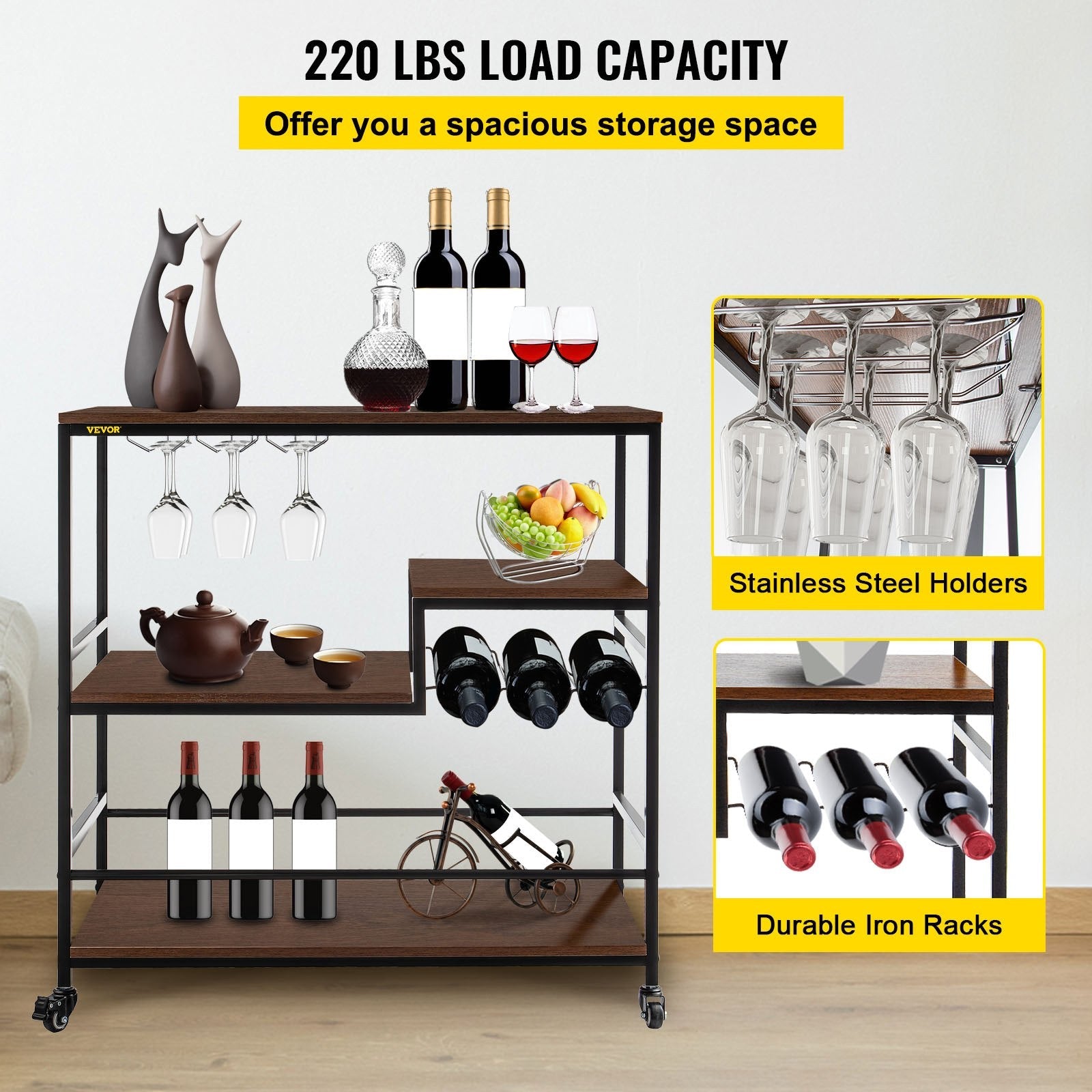VEVOR Rustic Bar Cart, 3-Tier Industrial Bar Cart for Home, Bar Cart with Wine Rack & Glass Holders, 35.4 x 15.7 x 37.4 inches Home Bar & Serving Carts, Wine Cart on Wheels, Glass Bar Cart Brown 
