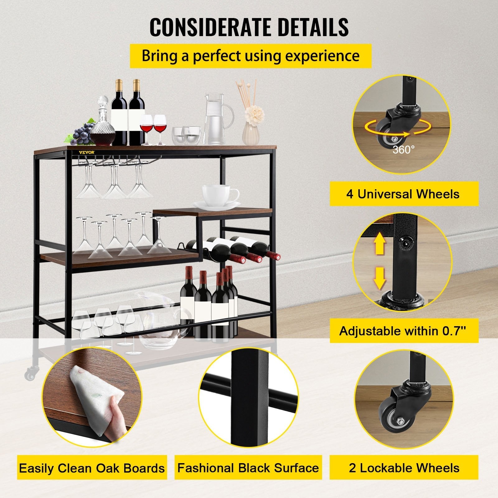 VEVOR Rustic Bar Cart, 3-Tier Industrial Bar Cart for Home, Bar Cart with Wine Rack & Glass Holders, 35.4 x 15.7 x 37.4 inches Home Bar & Serving Carts, Wine Cart on Wheels, Glass Bar Cart Brown 