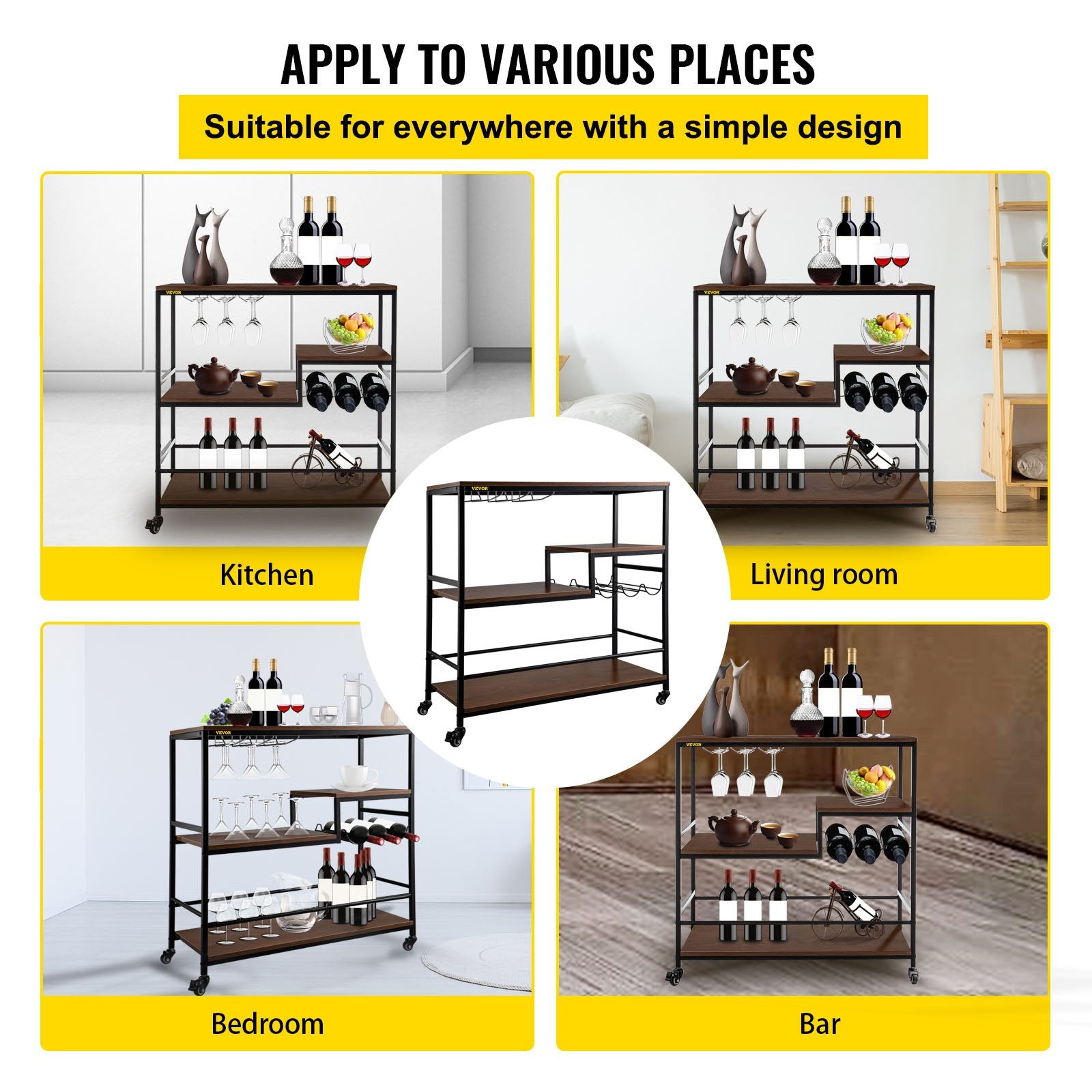 VEVOR Rustic Bar Cart, 3-Tier Industrial Bar Cart for Home, Bar Cart with Wine Rack & Glass Holders, 35.4 x 15.7 x 37.4 inches Home Bar & Serving Carts, Wine Cart on Wheels, Glass Bar Cart Brown 