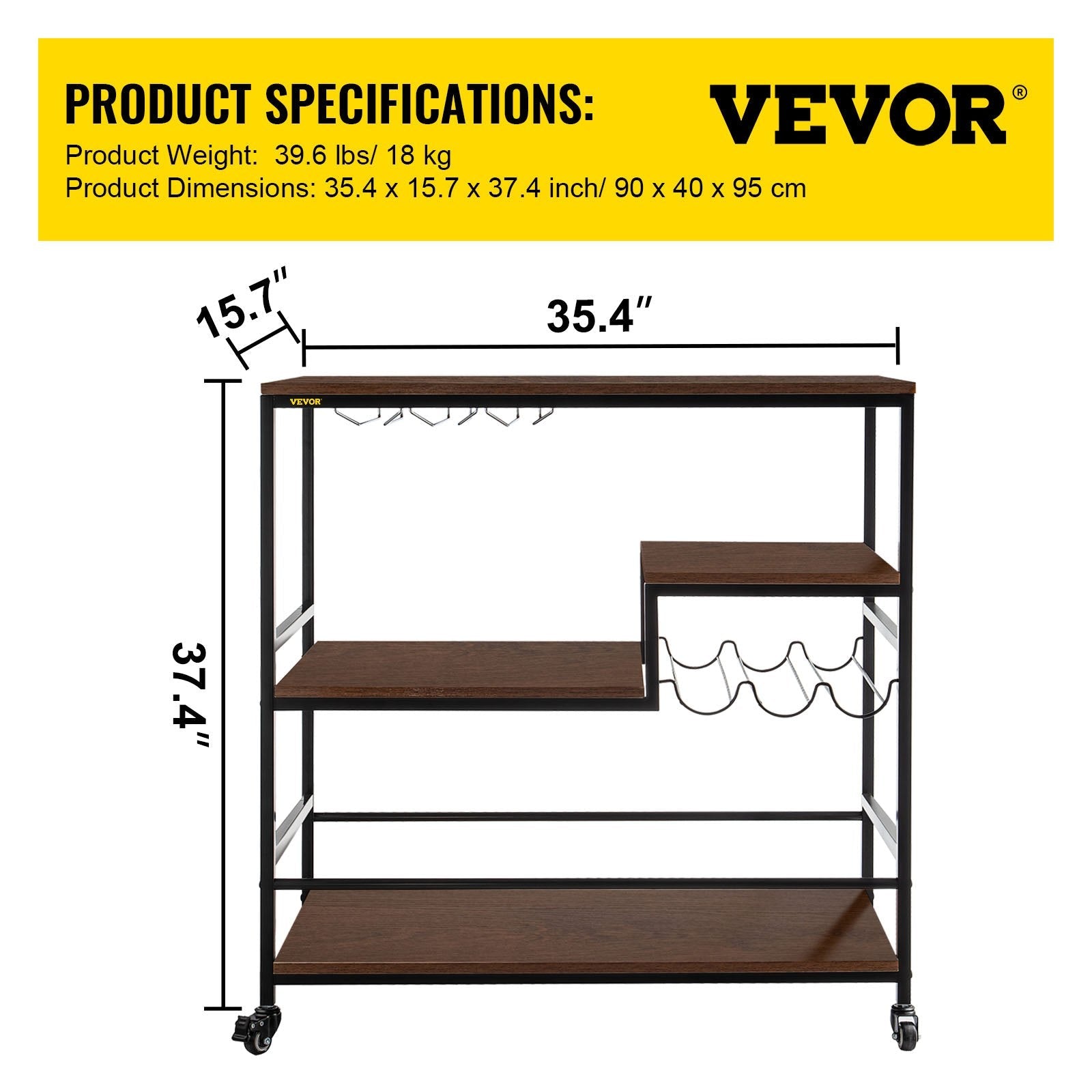 VEVOR Rustic Bar Cart, 3-Tier Industrial Bar Cart for Home, Bar Cart with Wine Rack & Glass Holders, 35.4 x 15.7 x 37.4 inches Home Bar & Serving Carts, Wine Cart on Wheels, Glass Bar Cart Brown 