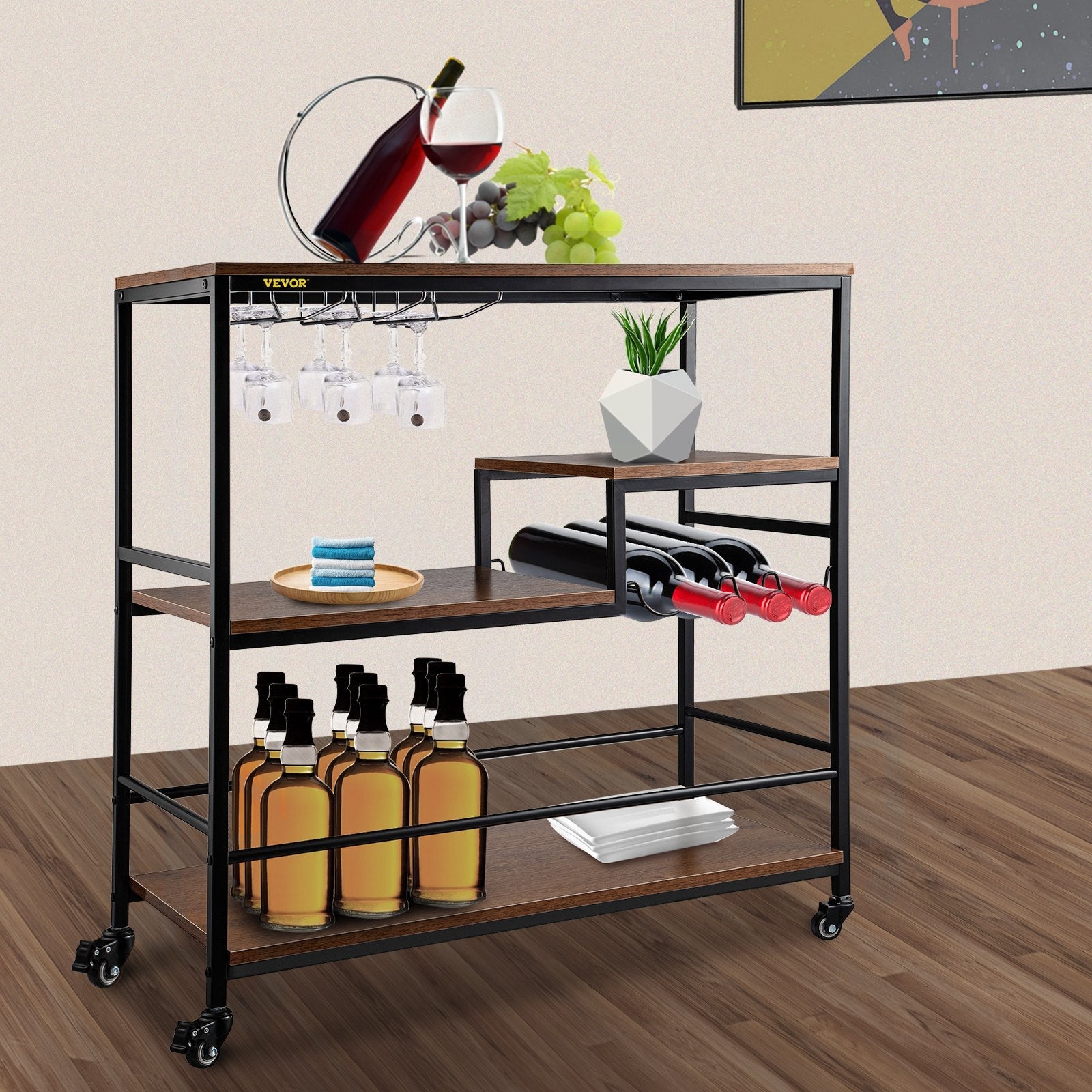 VEVOR Rustic Bar Cart, 3-Tier Industrial Bar Cart for Home, Bar Cart with Wine Rack & Glass Holders, 35.4 x 15.7 x 37.4 inches Home Bar & Serving Carts, Wine Cart on Wheels, Glass Bar Cart Brown 