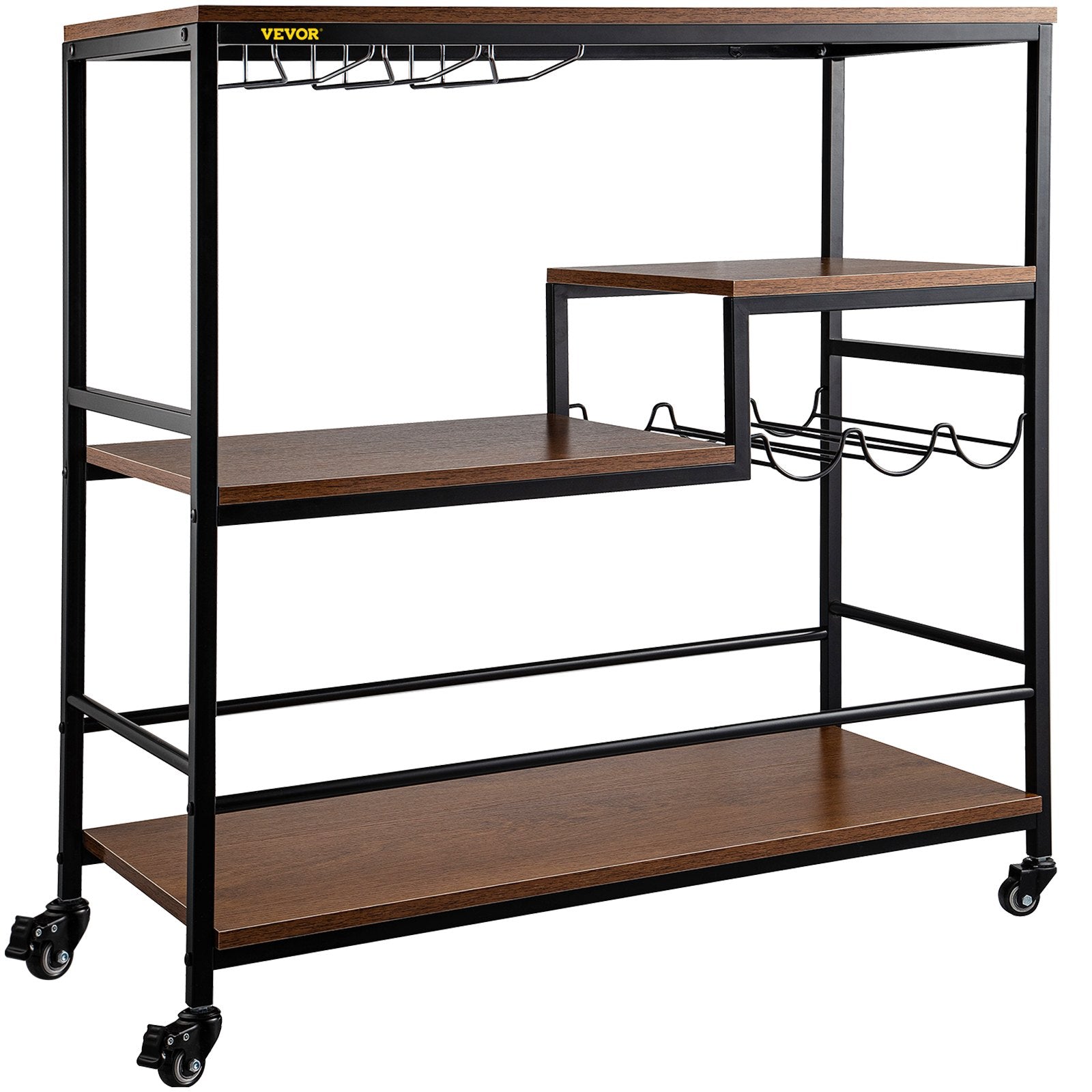 VEVOR Rustic Bar Cart, 3-Tier Industrial Bar Cart for Home, Bar Cart with Wine Rack & Glass Holders, 35.4 x 15.7 x 37.4 inches Home Bar & Serving Carts, Wine Cart on Wheels, Glass Bar Cart Brown 