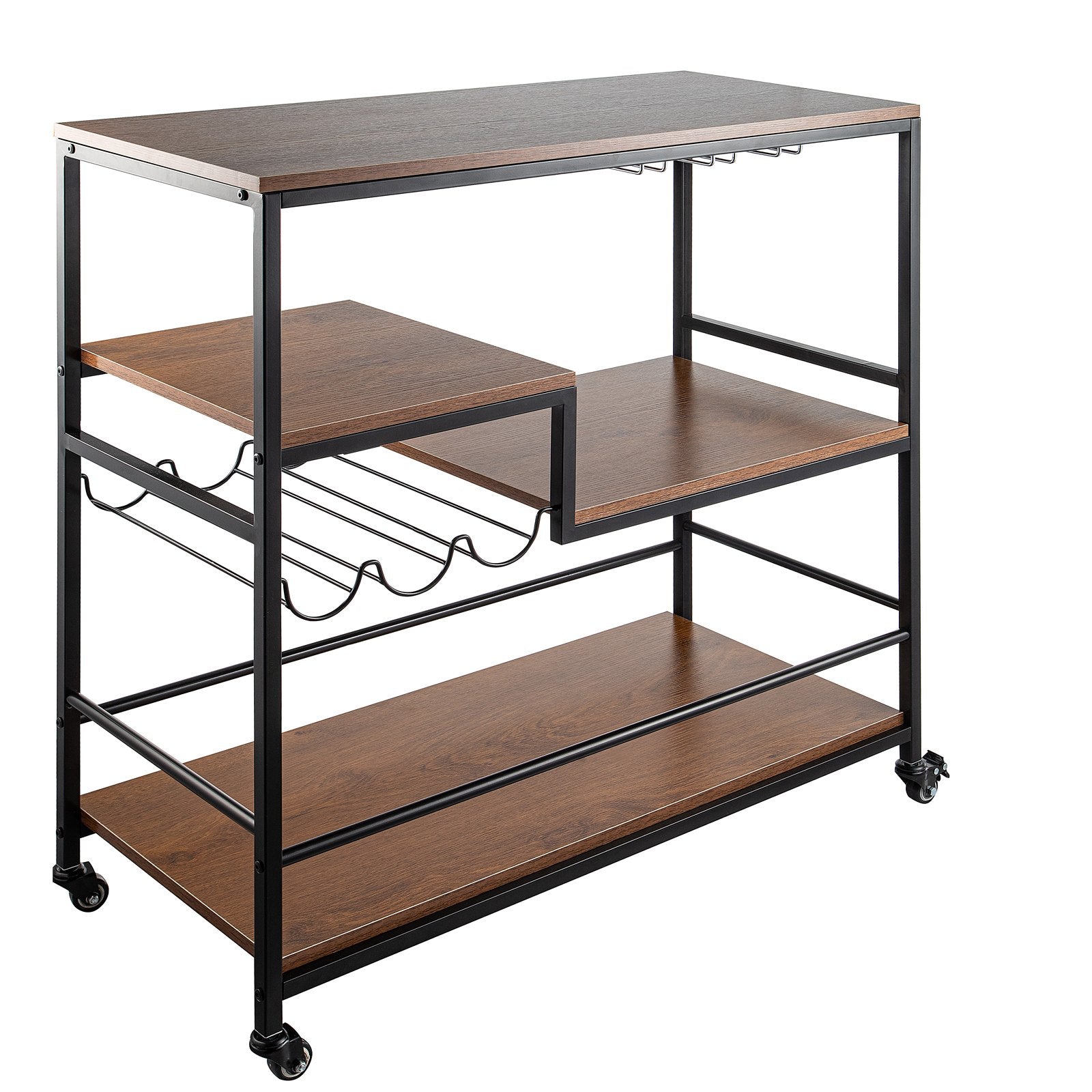 VEVOR Rustic Bar Cart, 3-Tier Industrial Bar Cart for Home, Bar Cart with Wine Rack & Glass Holders, 35.4 x 15.7 x 37.4 inches Home Bar & Serving Carts, Wine Cart on Wheels, Glass Bar Cart Brown 