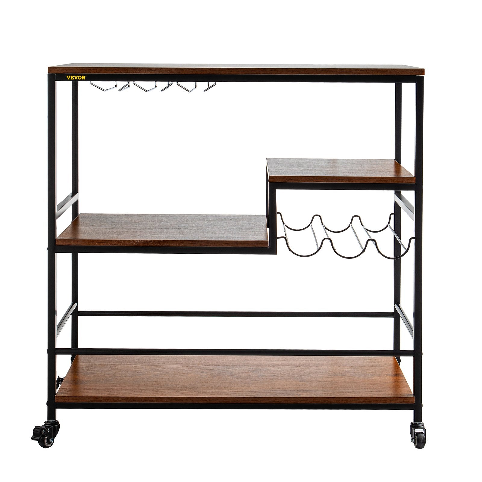 VEVOR Rustic Bar Cart, 3-Tier Industrial Bar Cart for Home, Bar Cart with Wine Rack & Glass Holders, 35.4 x 15.7 x 37.4 inches Home Bar & Serving Carts, Wine Cart on Wheels, Glass Bar Cart Brown 